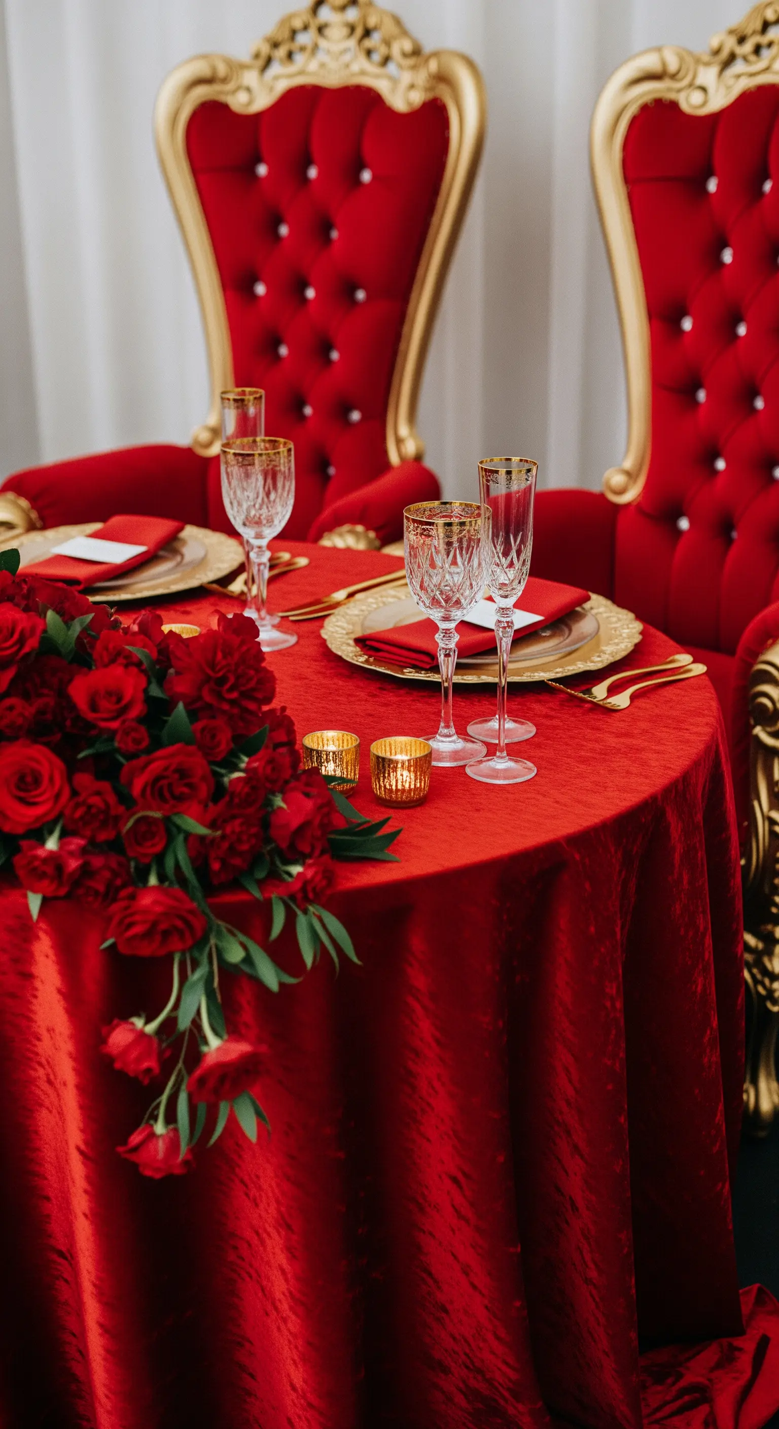 Tavolo degli sposi con sedie-trono in velluto rosso e oro, e mise en place elegante.
