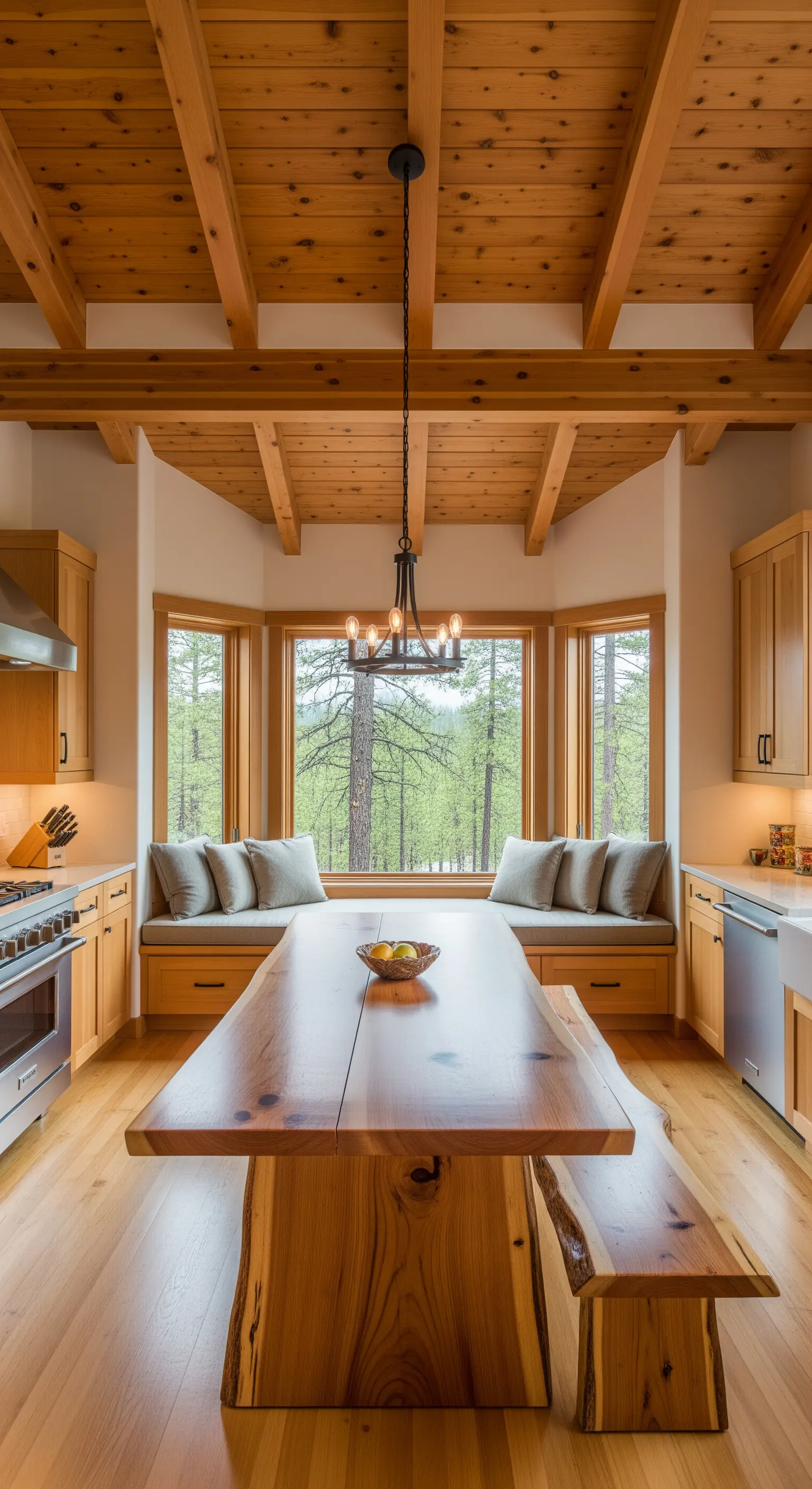 Cucina con soffitto in legno, grande tavolo scultoreo live-edge e panche sotto la finestra a golfo.