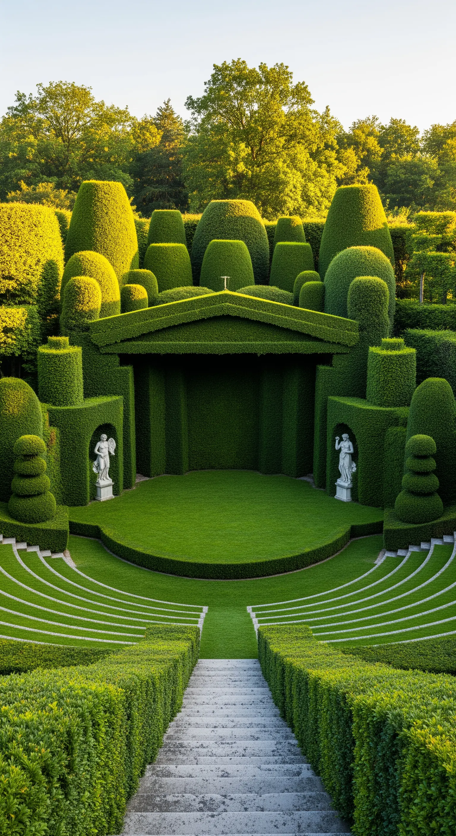 Un teatro all'aperto interamente realizzato con siepi potate a formare palco e gradinate.