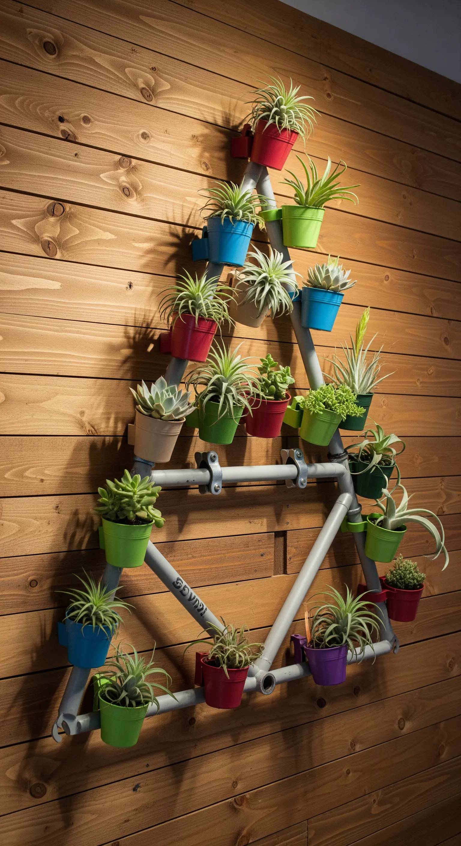 Telaio di una bicicletta montato a parete su legno, utilizzato come supporto per tanti piccoli vasi colorati.