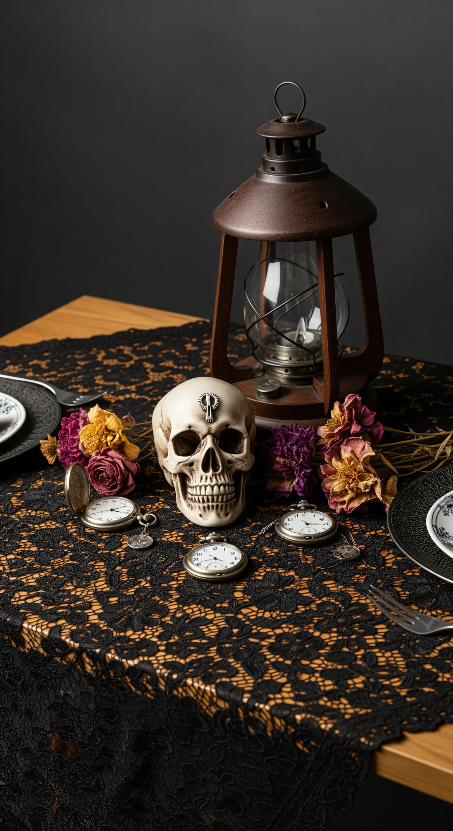 Composizione memento mori con teschio, fiori secchi e orologi su pizzo nero.
