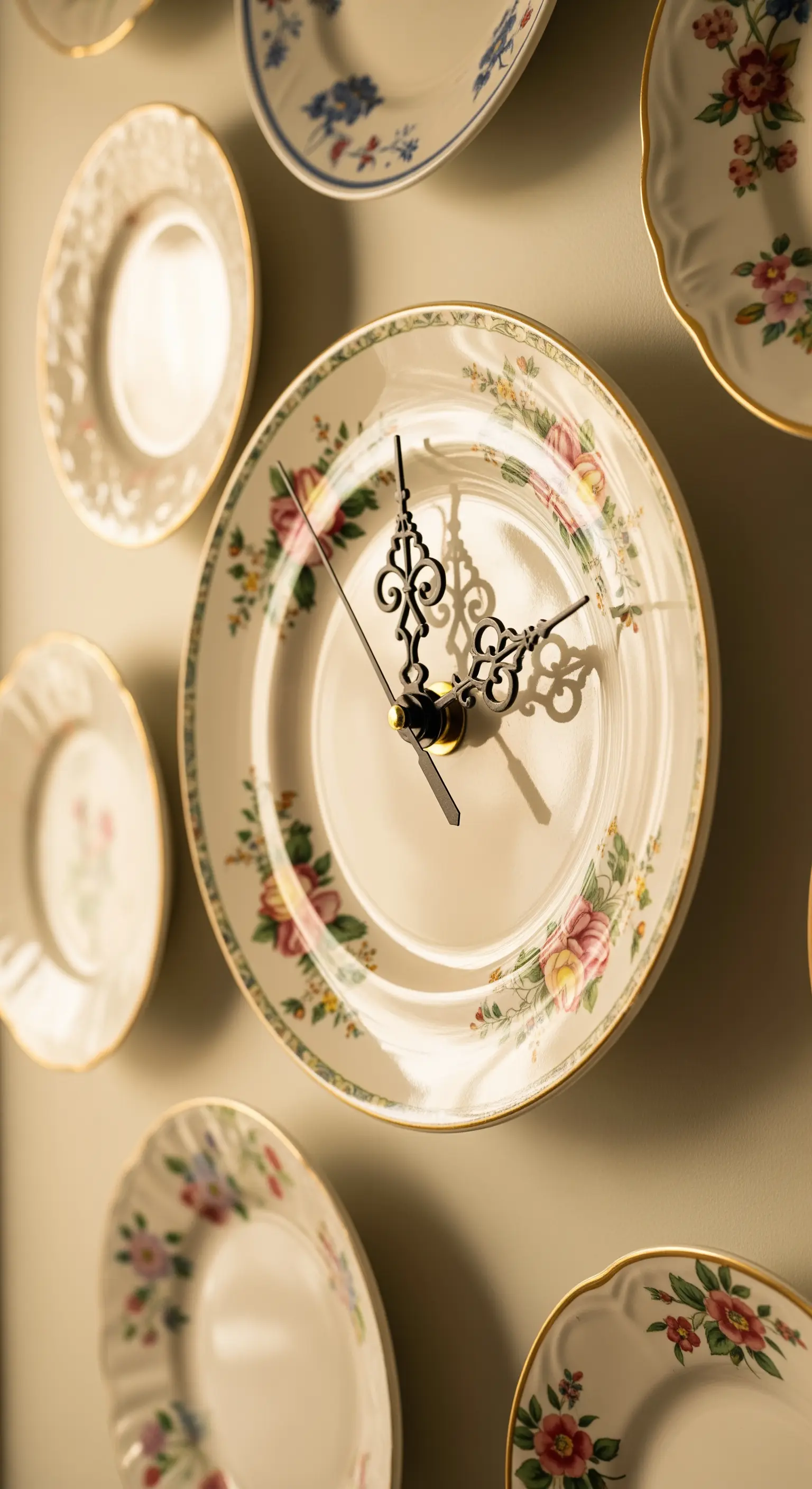 Un piatto di porcellana vintage con decorazioni floreali trasformato in un orologio da parete.
