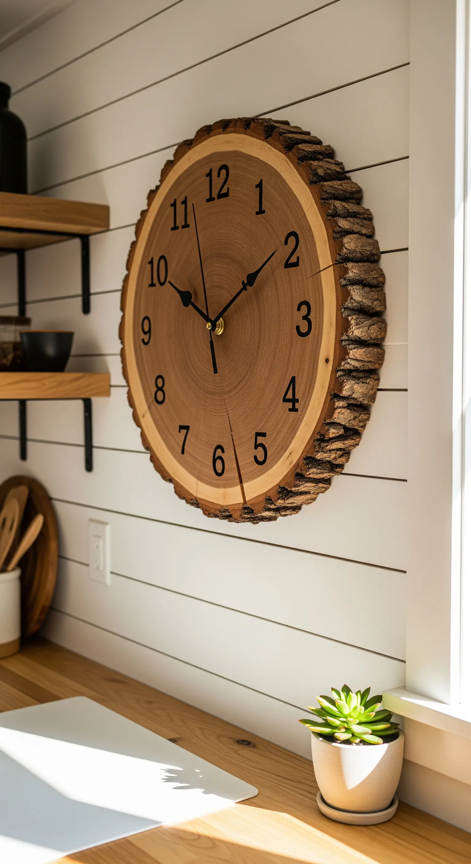 Orologio da parete rustico realizzato con una sezione di tronco d'albero.