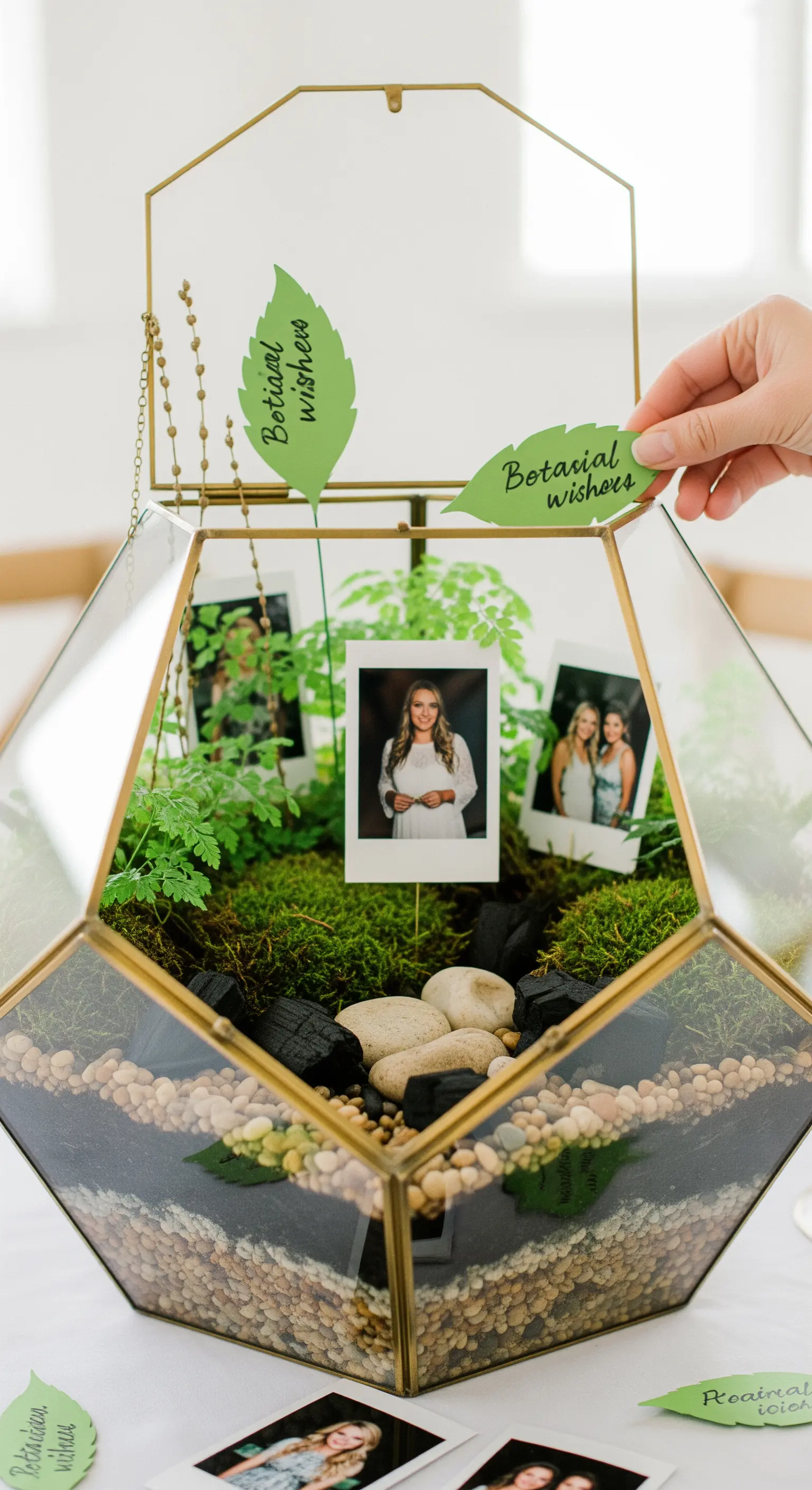 Terrario geometrico in vetro contenente piante, sassi, polaroid e messaggi a forma di foglia.