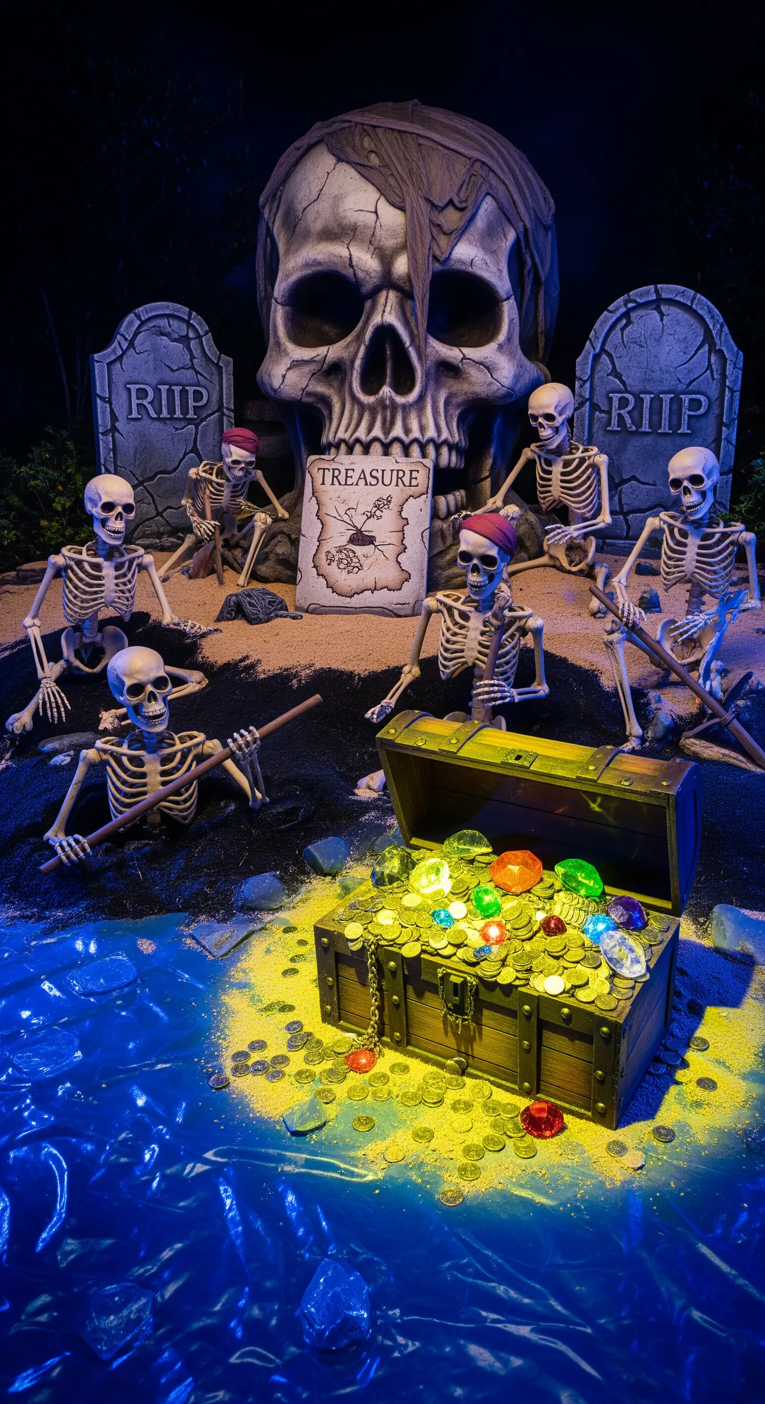 Scheletri pirata attorno a un forziere pieno di gemme luminose su una spiaggia improvvisata.