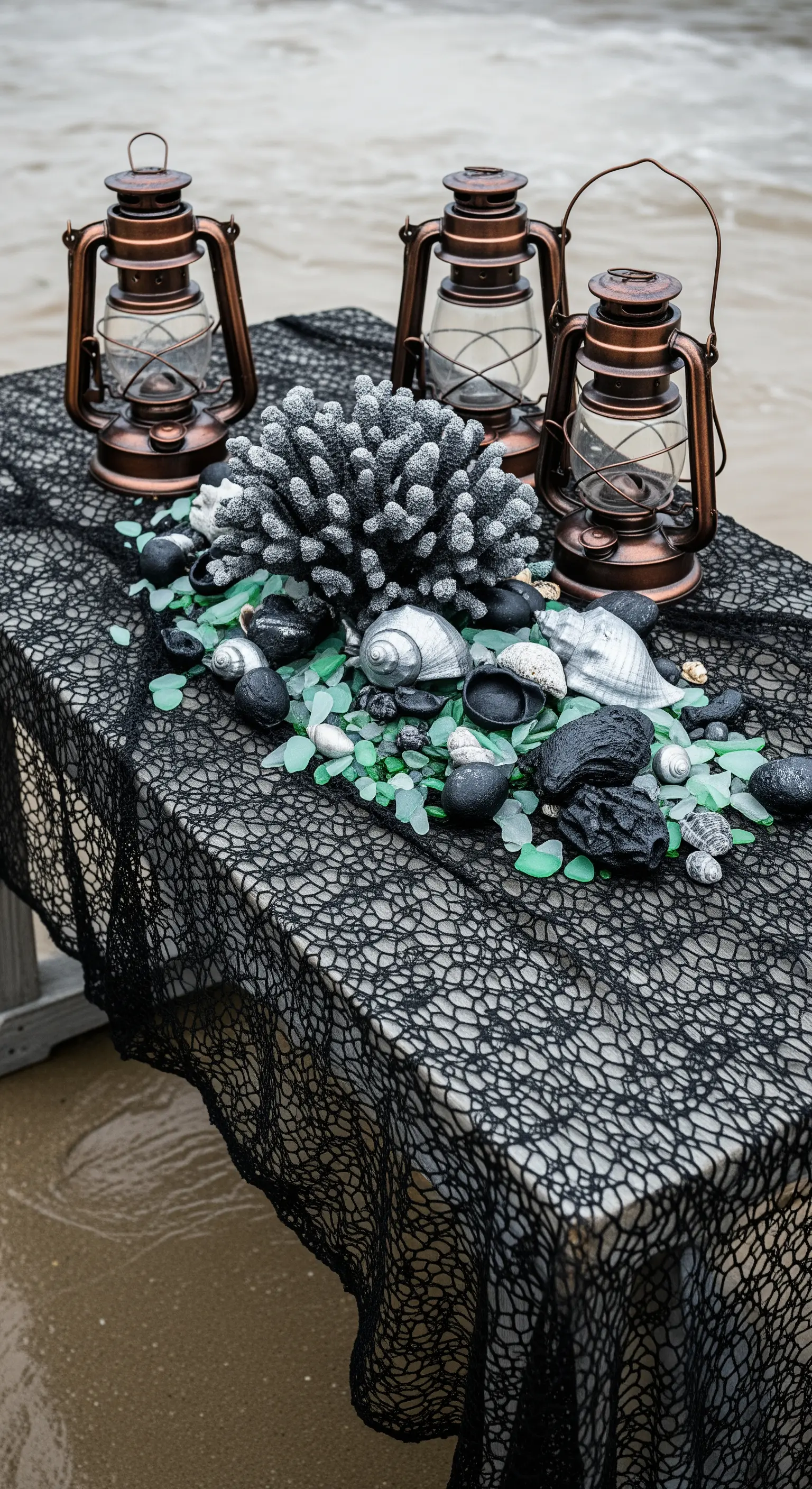 Allestimento a tema relitto marino con coralli, conchiglie e lanterne vintage.