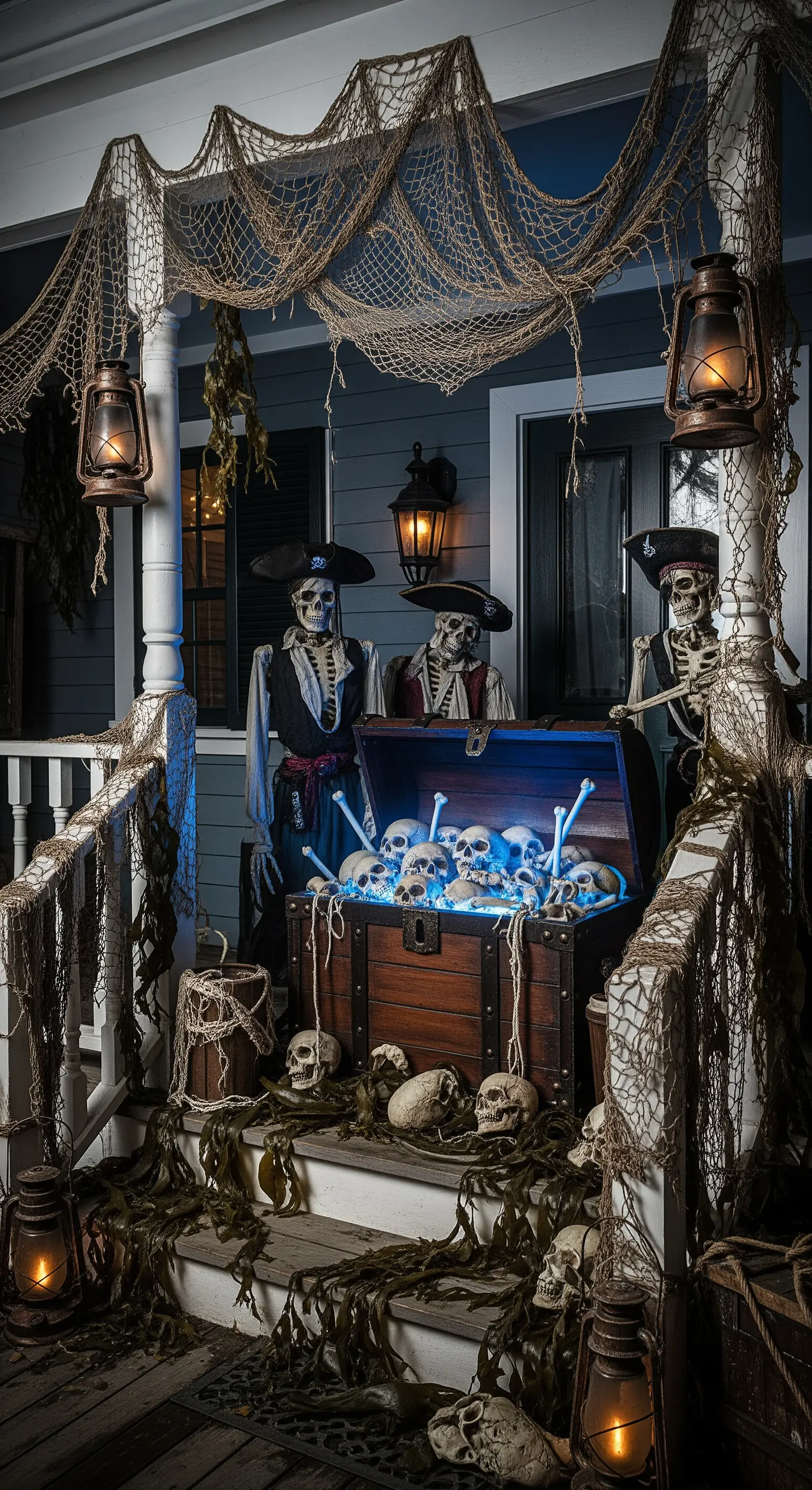 Scheletri pirata a guardia di un forziere pieno di teschi luminosi su un portico.