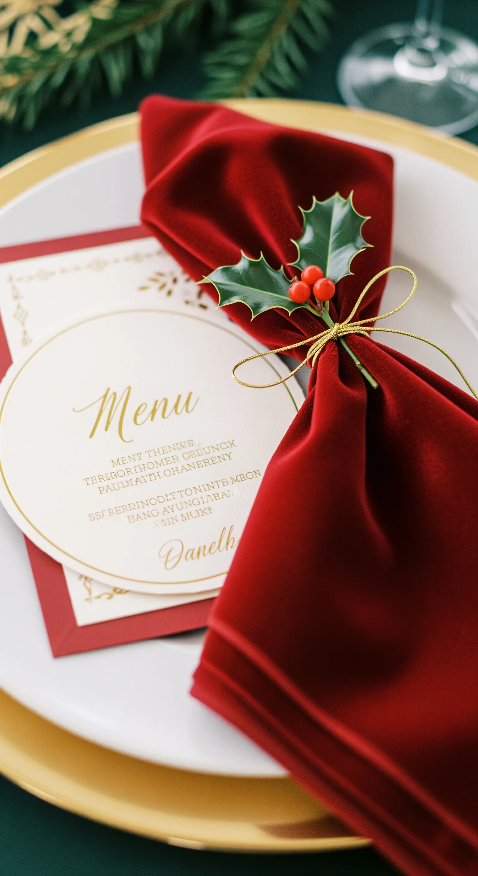 Primo piano di un menu e un tovagliolo di velluto rosso decorato con agrifoglio e filo dorato.