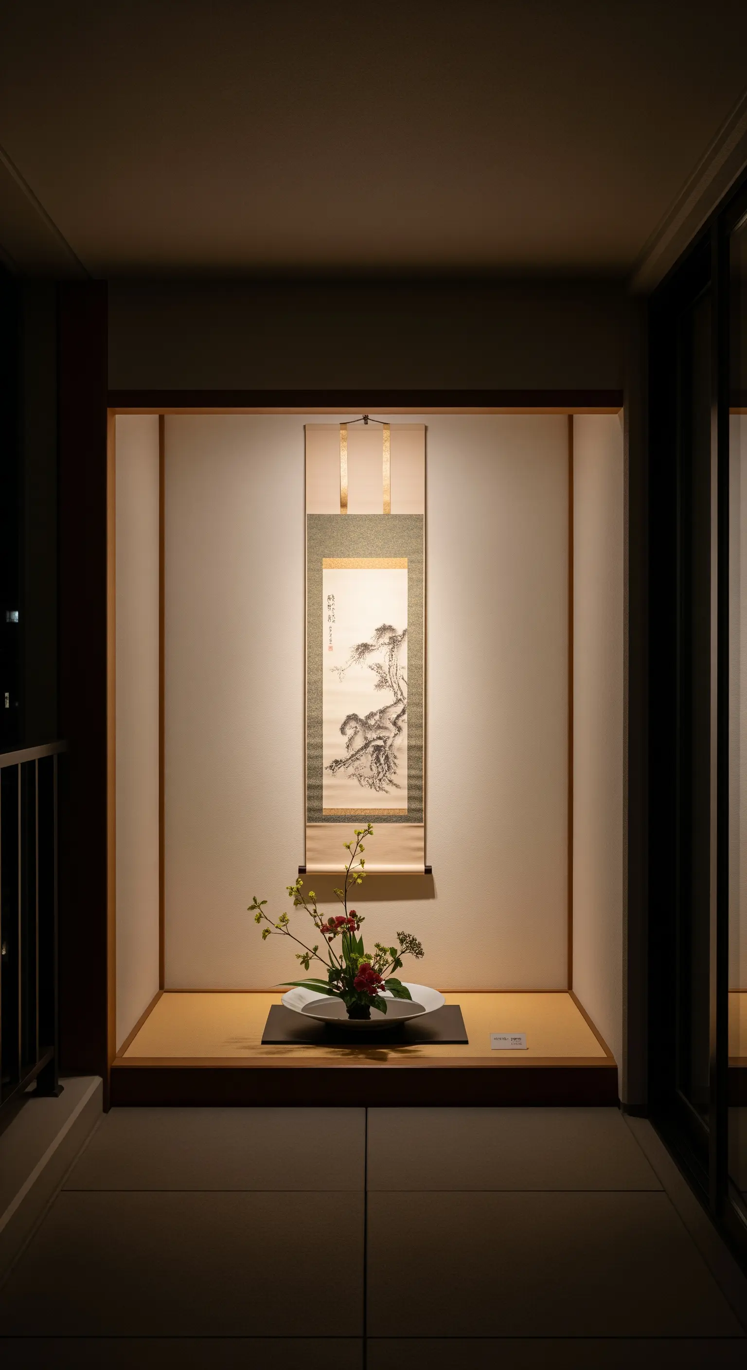 Nicchia tokonoma su un balcone con pergamena, ikebana e illuminazione d'accento.