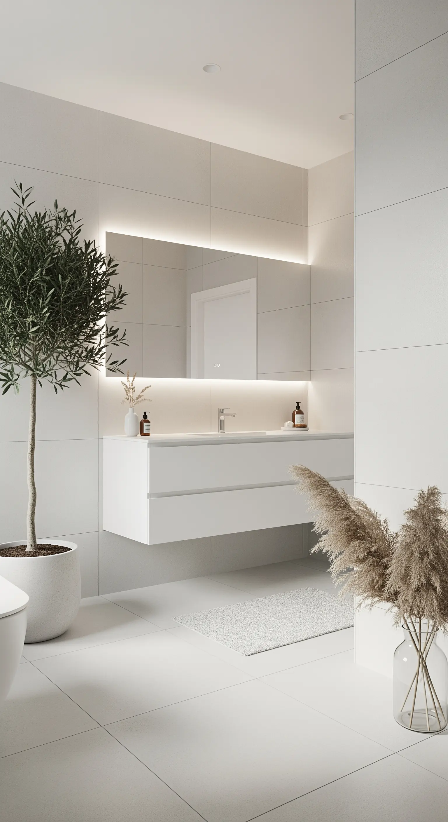 Bagno total white con specchio retroilluminato, mobile sospeso e un ulivo in vaso.
