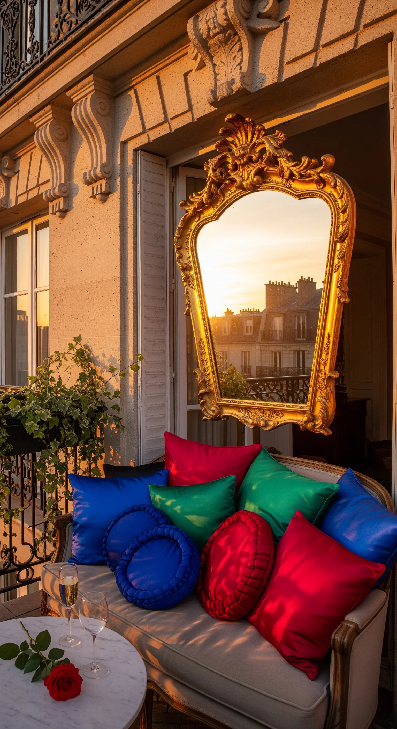 Specchio barocco dorato riflette il tramonto su un balcone parigino con cuscini colorati.