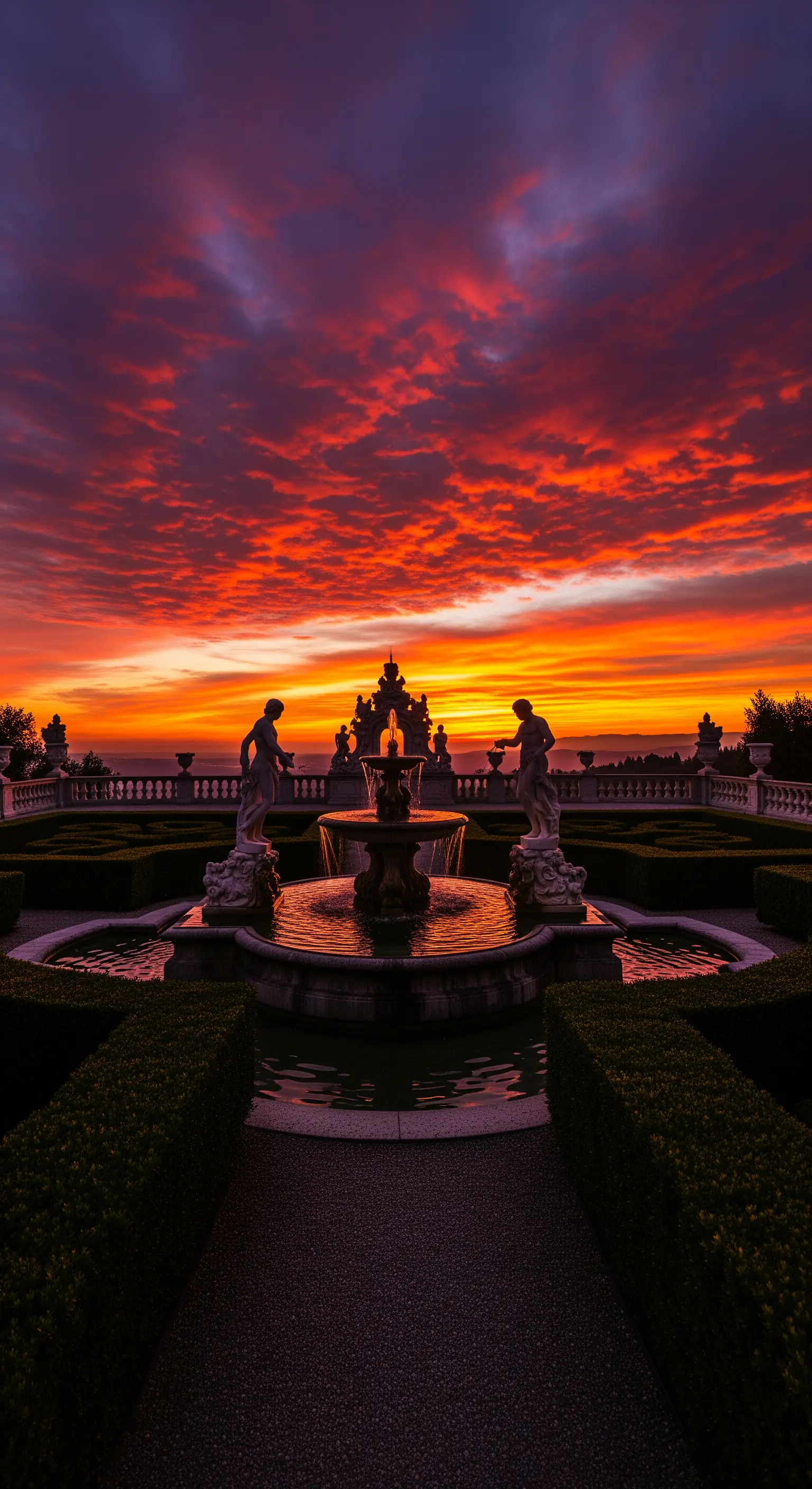 Giardino formale con fontana e statue che si stagliano come silhouette contro un tramonto rosso fuoco.