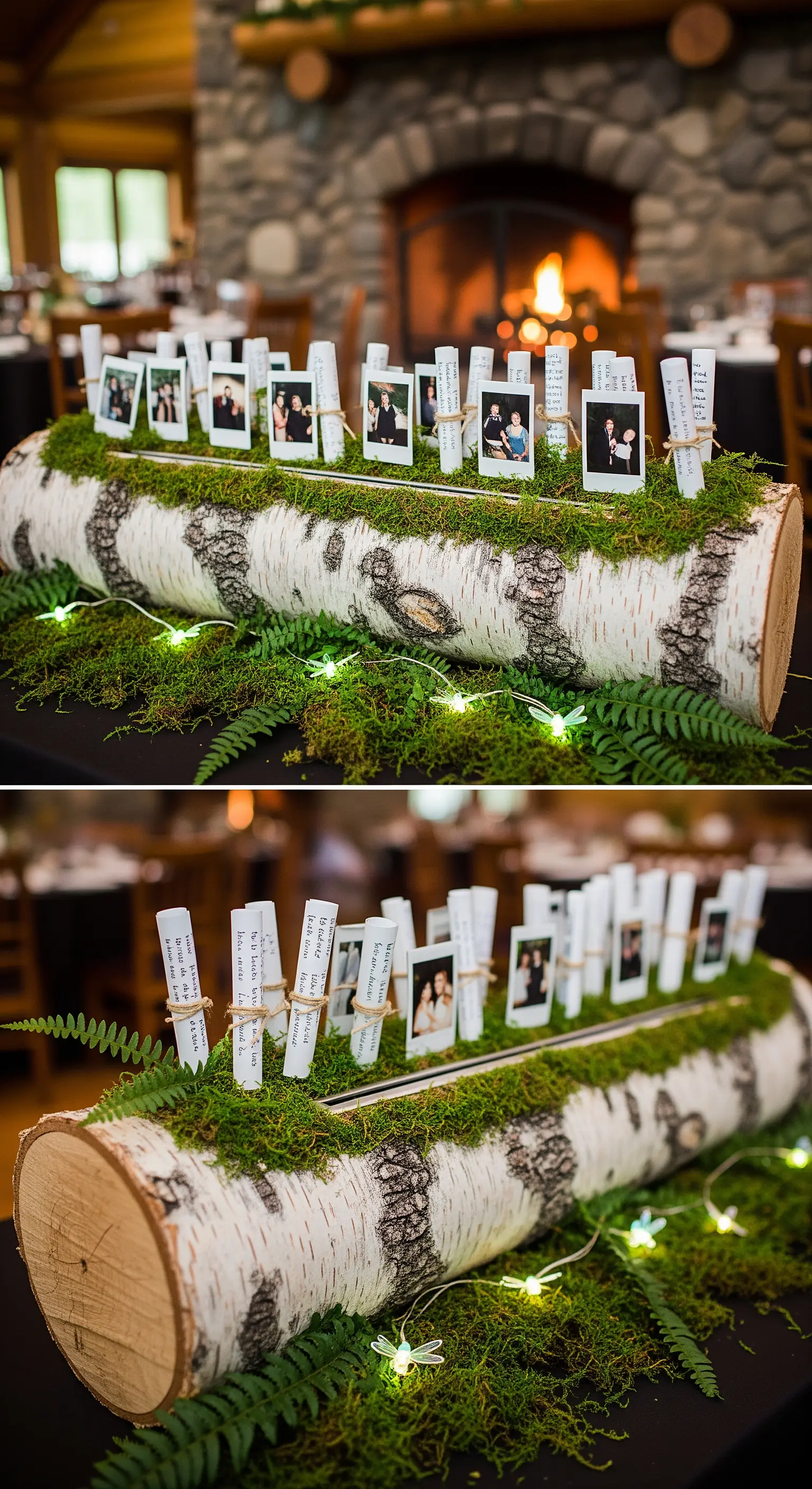 Tronco di betulla su un letto di muschio, usato per esporre polaroid e messaggi arrotolati.