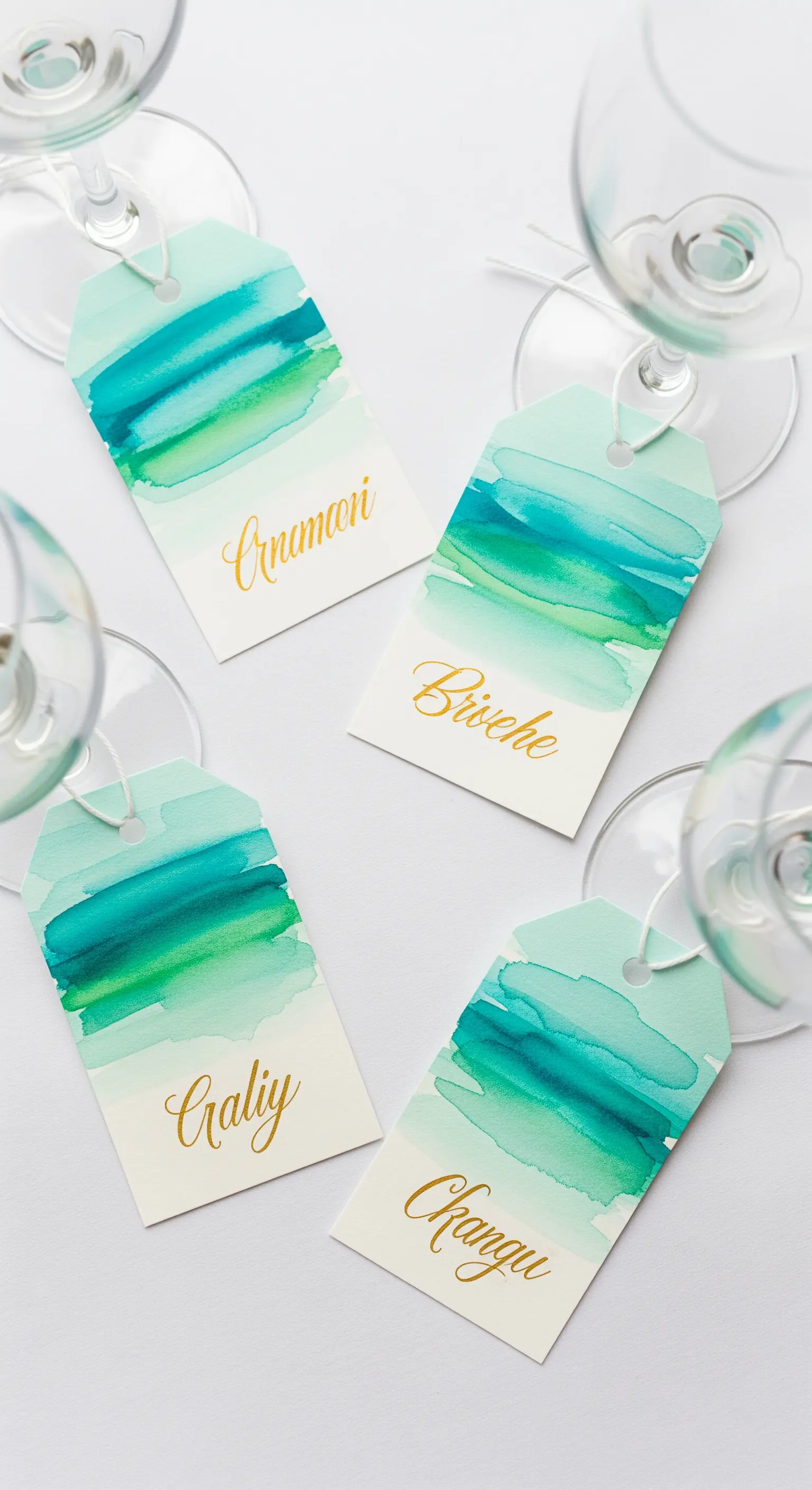 Etichette per calici da vino con acquerello verde e blu e nomi in oro