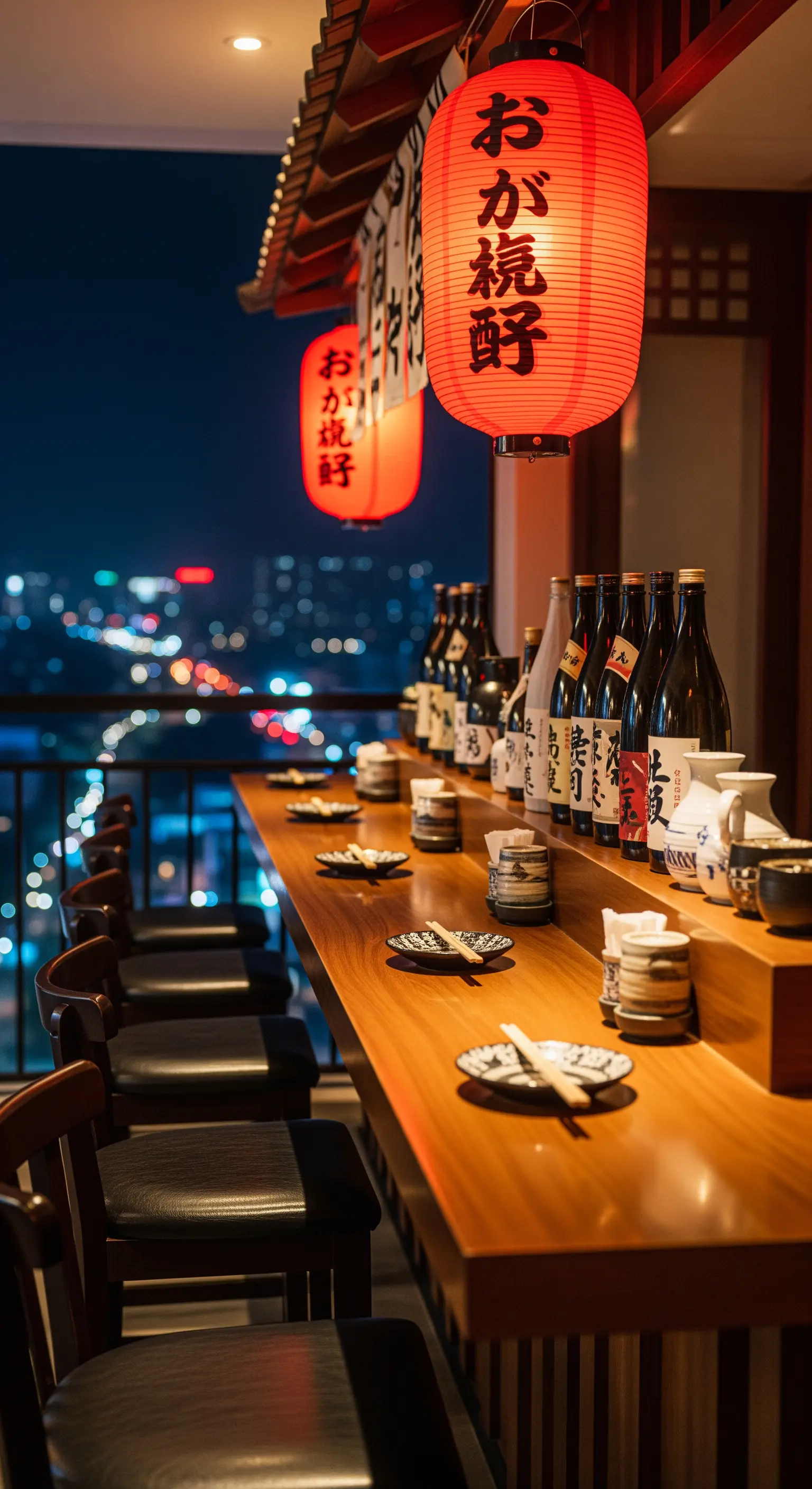 Bancone da bar in stile izakaya su un balcone, con lanterne rosse e vista notturna.