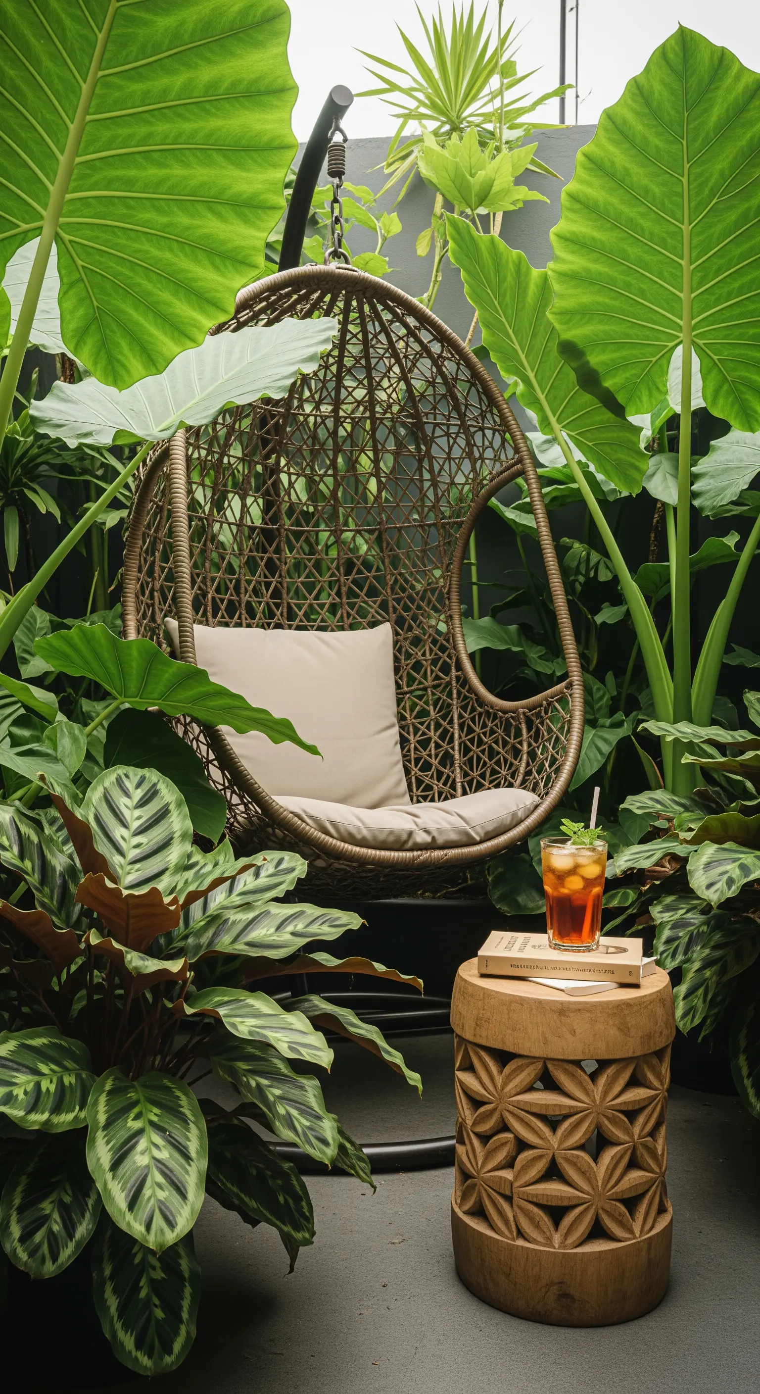 Poltrona sospesa in vimini circondata da piante tropicali a foglia larga come la Calathea.