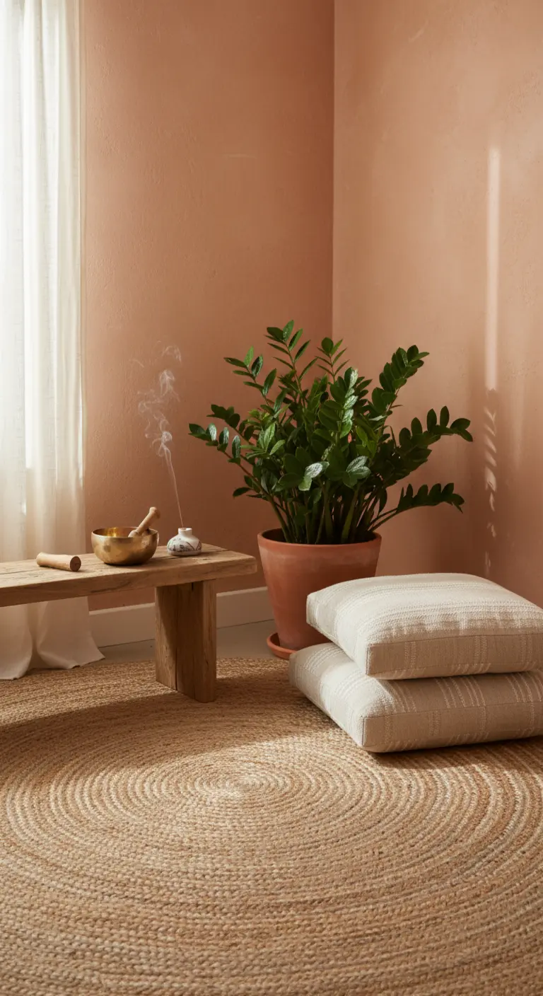 Angolo meditazione con cuscini a terra, tappeto in iuta e pianta su sfondo color terracotta.