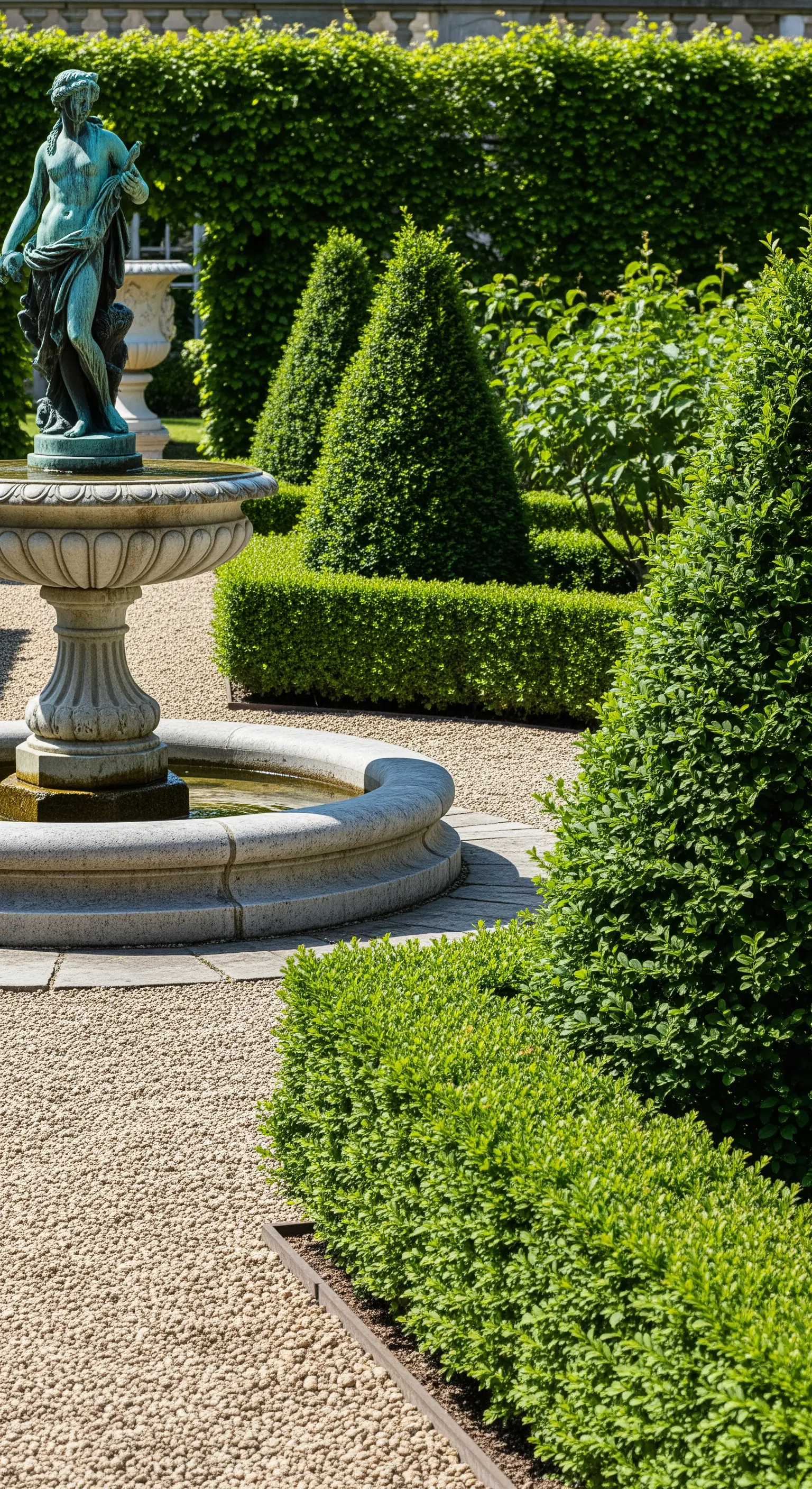 Dettaglio di una fontana in pietra con statua, circondata da siepi e sentieri di ghiaia.