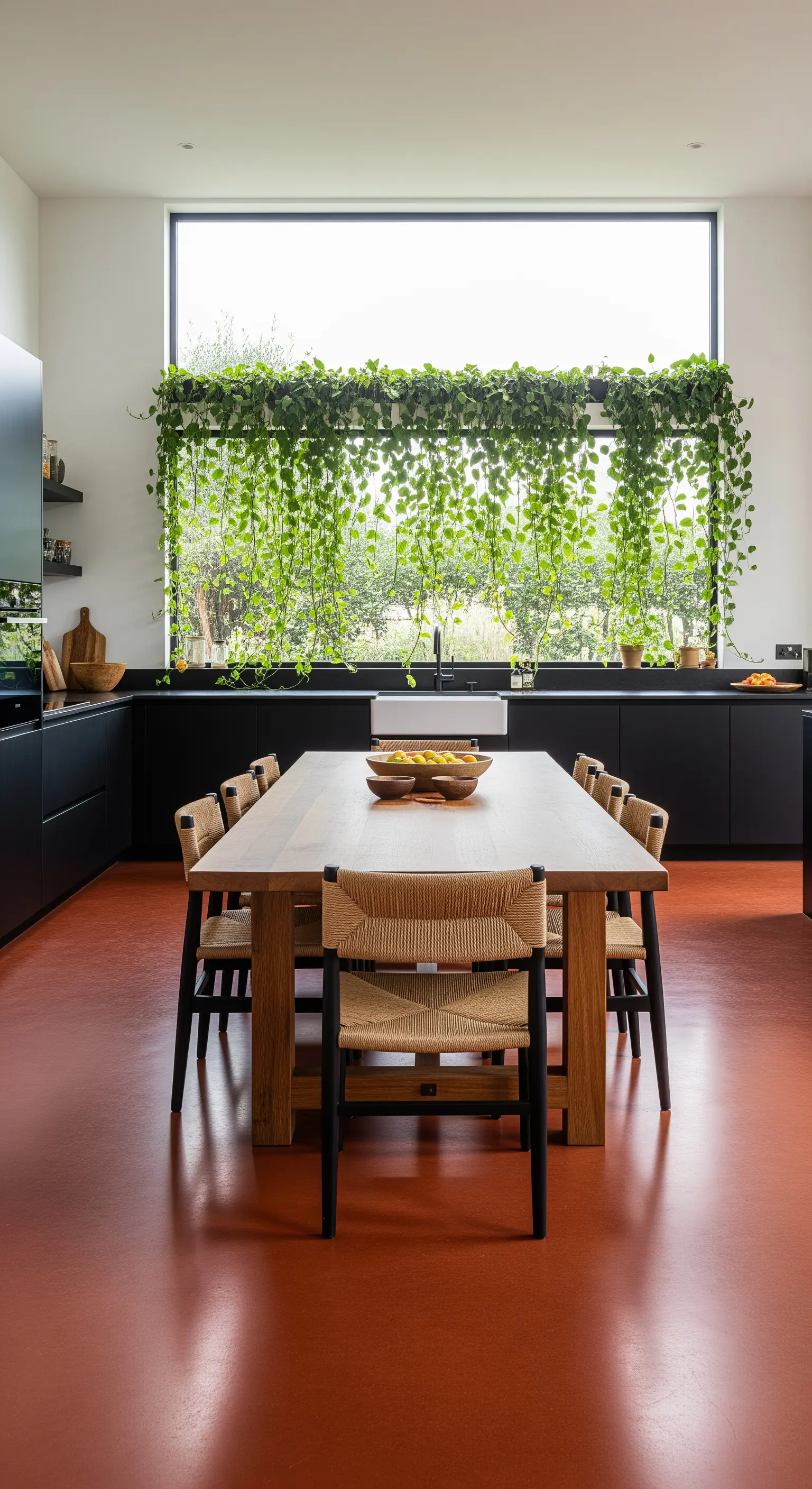 Cucina nera minimalista con pavimento terracotta e una cascata di piante davanti alla finestra.