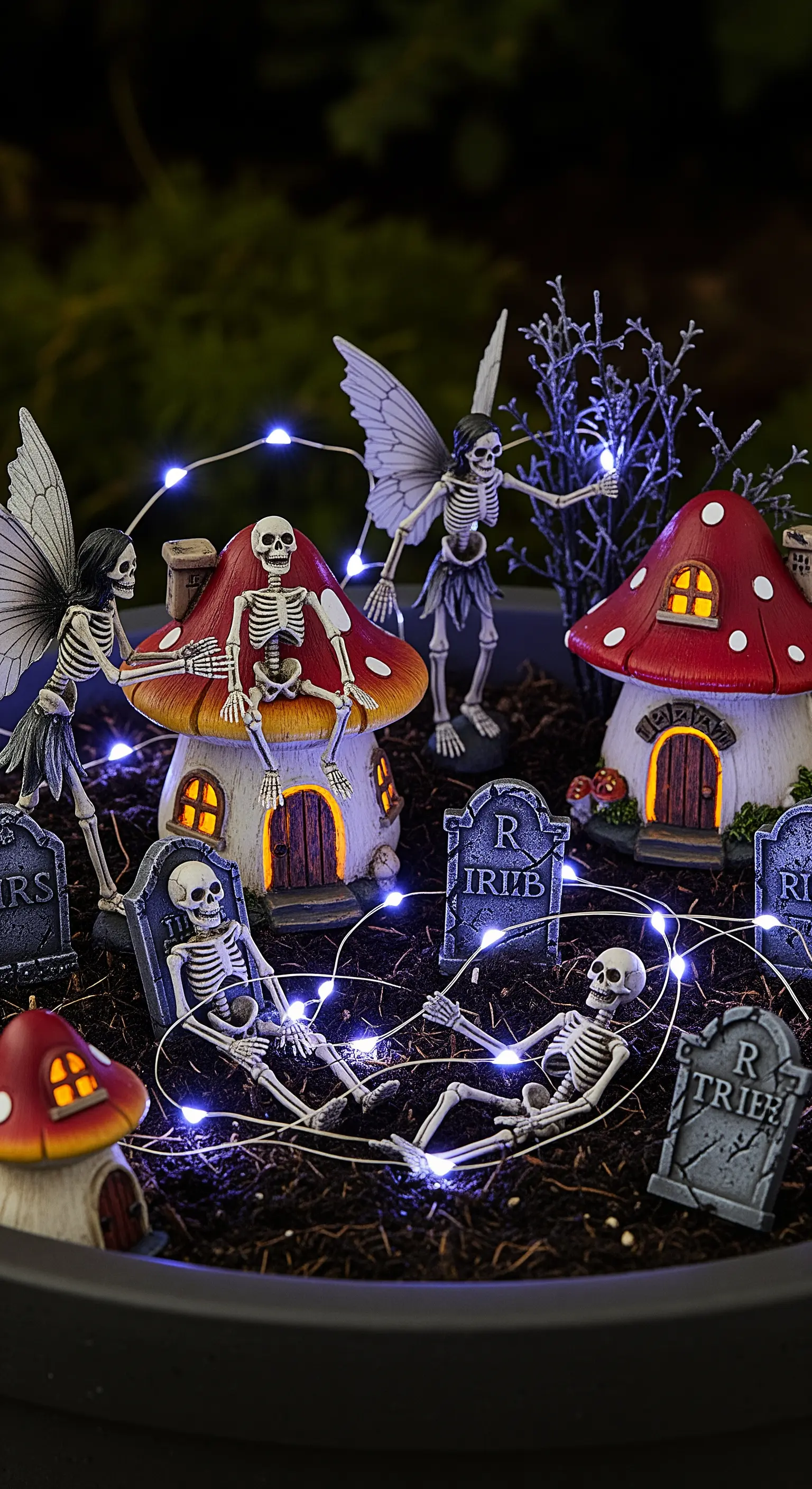 Un giardino delle fate in miniatura con scheletri alati, case a fungo e lucine.