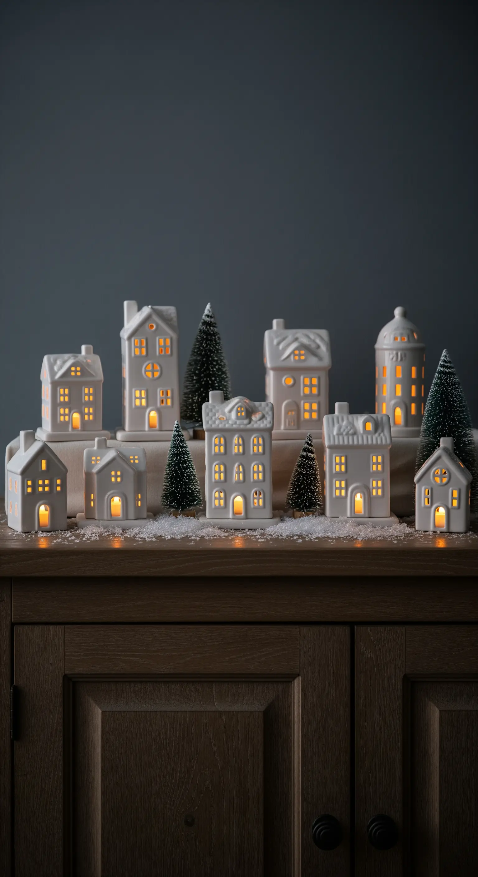 Villaggio di casette in ceramica bianca illuminate dall'interno su una credenza.