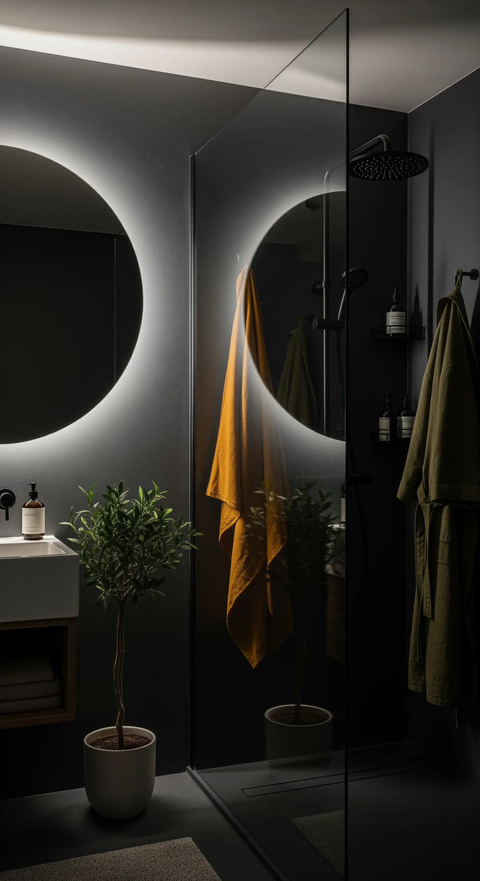 Bagno scuro e moderno con specchio retroilluminato e un asciugamano senape appeso.