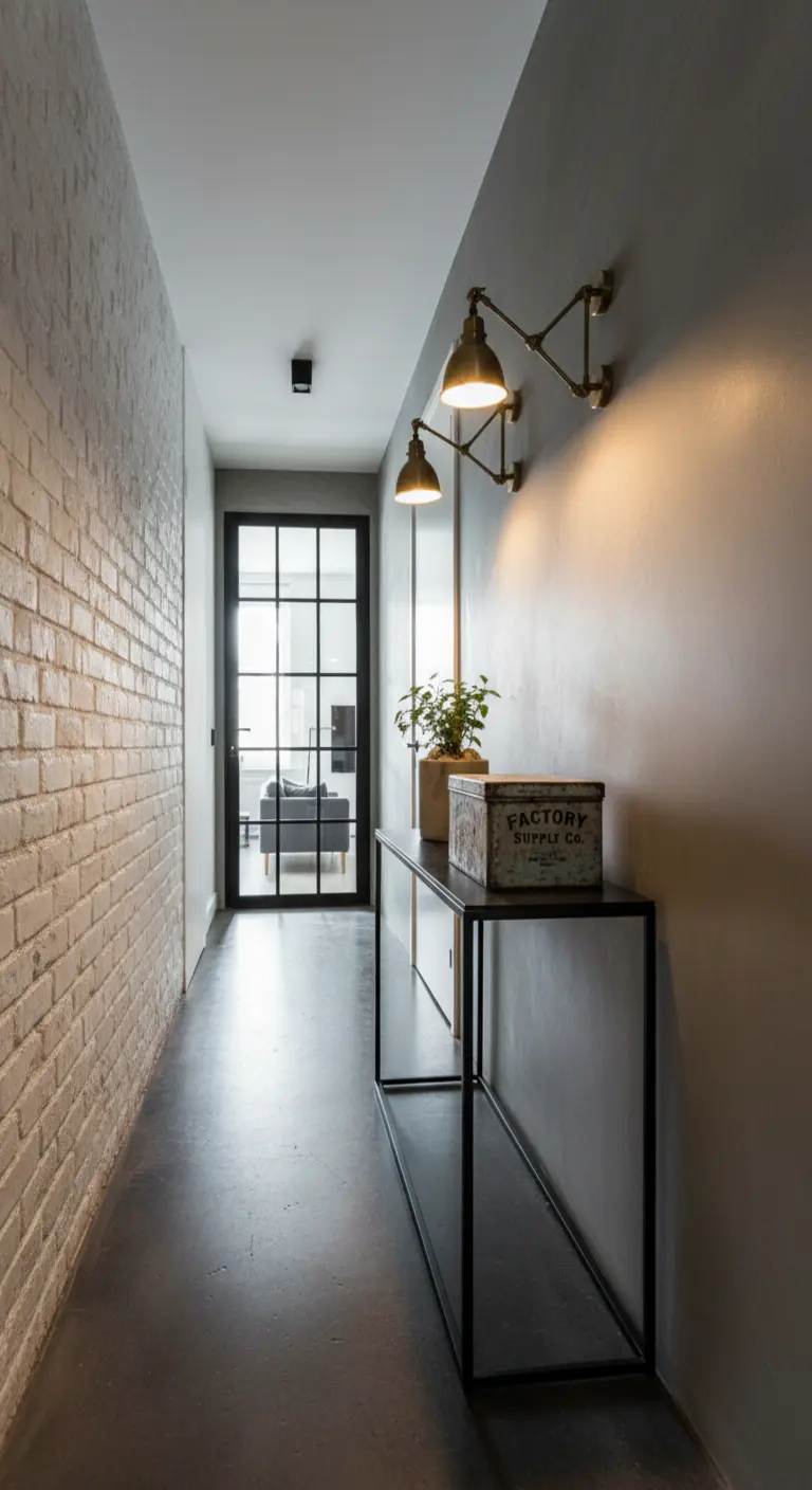 Corridoio industrial con mattoni sbiancati e applique in metallo orientabili.