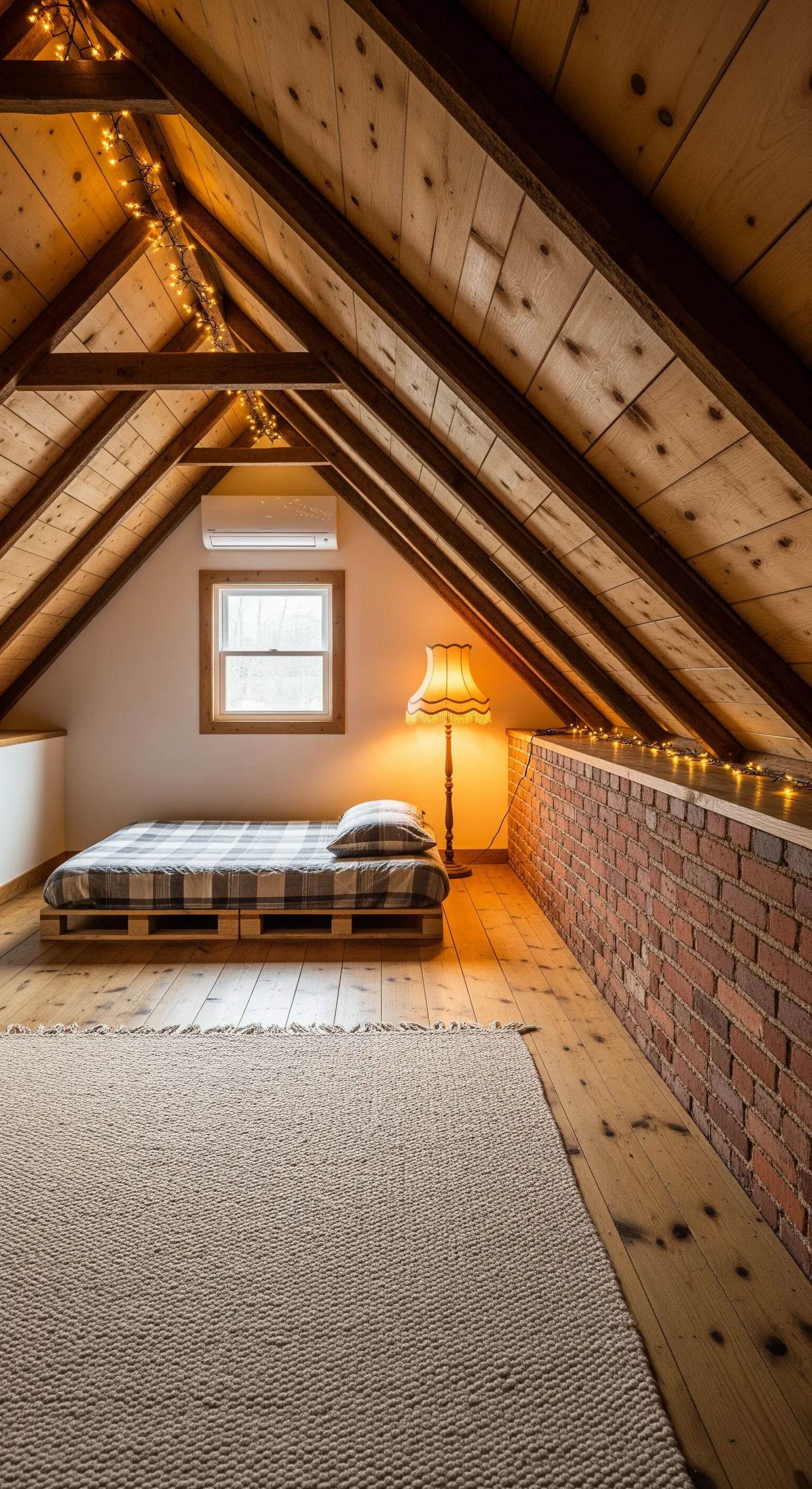 Mansarda accogliente con travi in legno, parete bassa in mattoni, letto su pallet e luci a stringa.