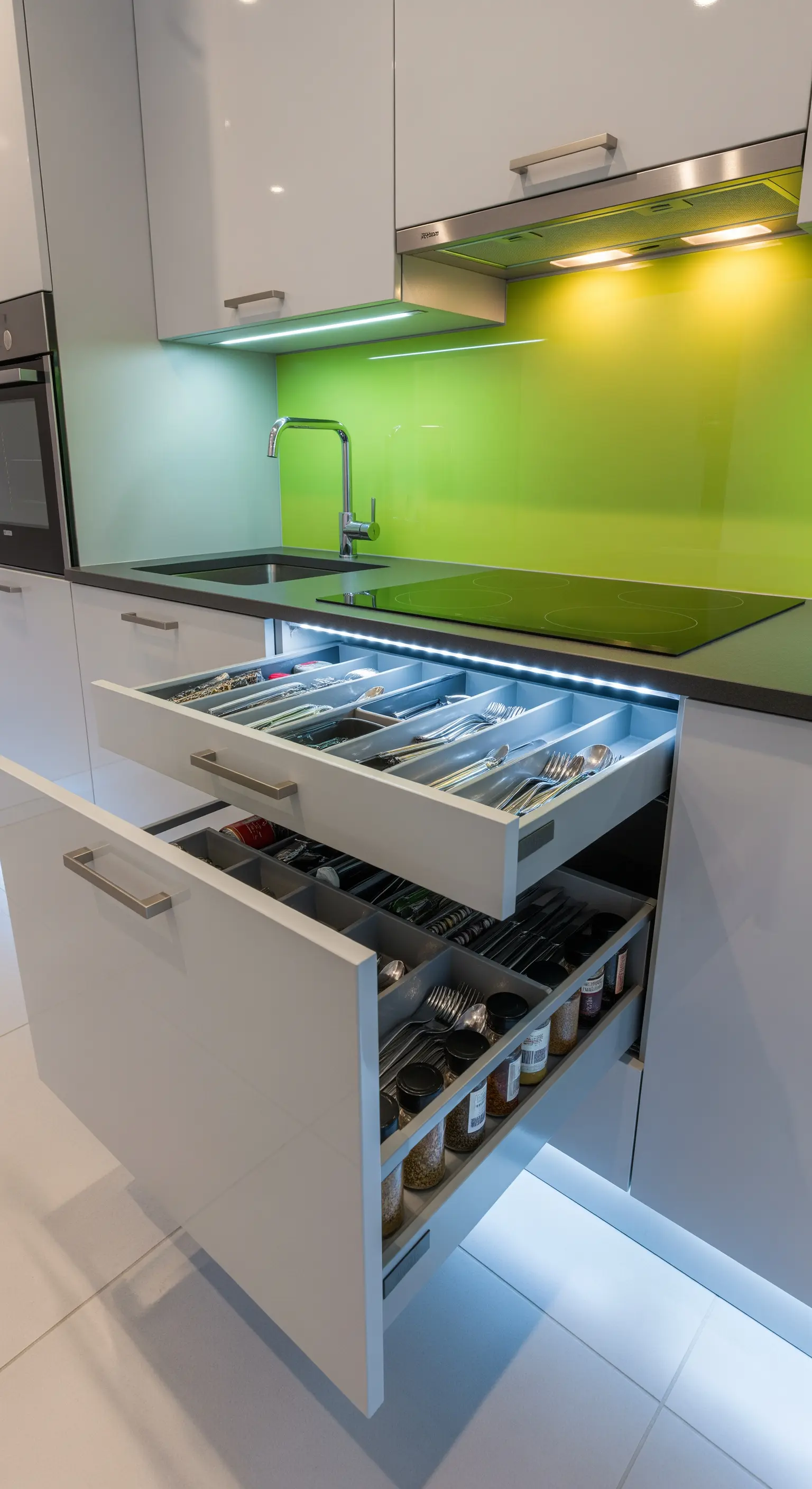 Cassetti della cucina aperti con illuminazione a LED integrata che illumina le posate.