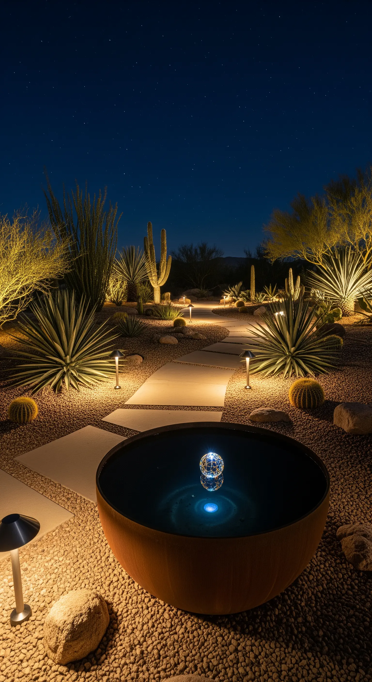 Giardino desertico illuminato di notte con faretti su cactus e una sfera luminosa in una vasca.