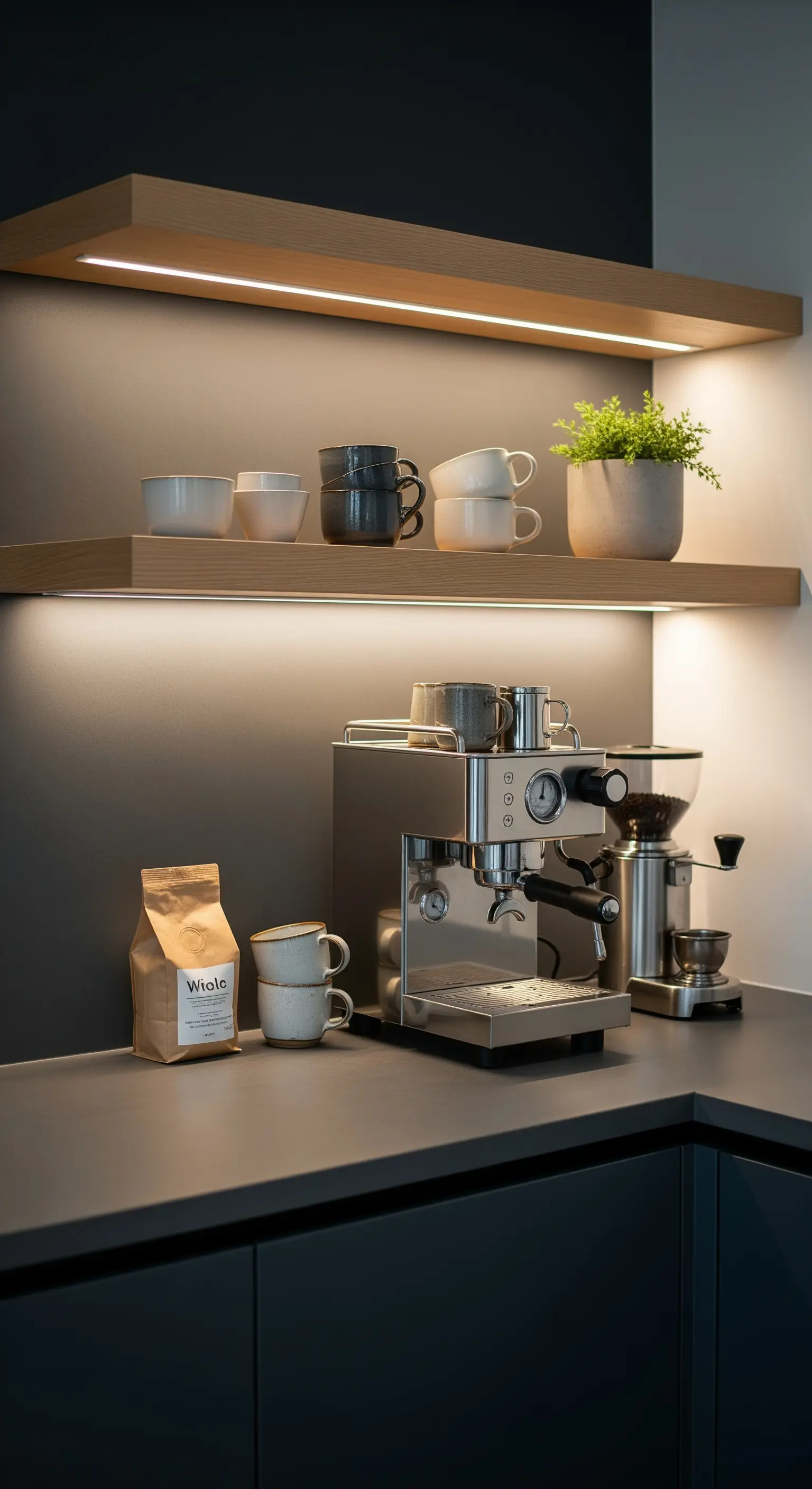 Angolo caffè con mensole in legno illuminate, macchina per espresso e top scuro.