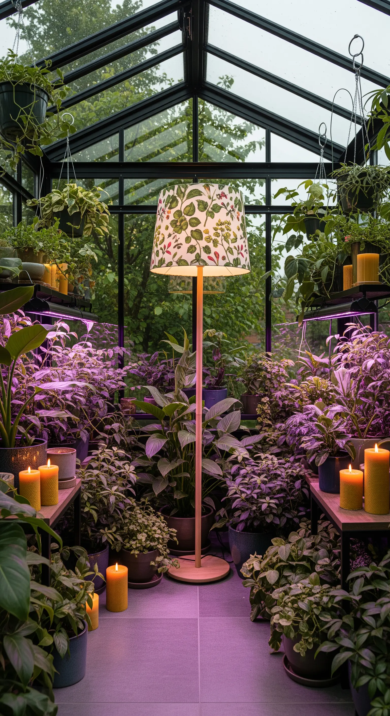 Serra piena di piante illuminate da luci di crescita e una lampada da terra con paralume floreale.
