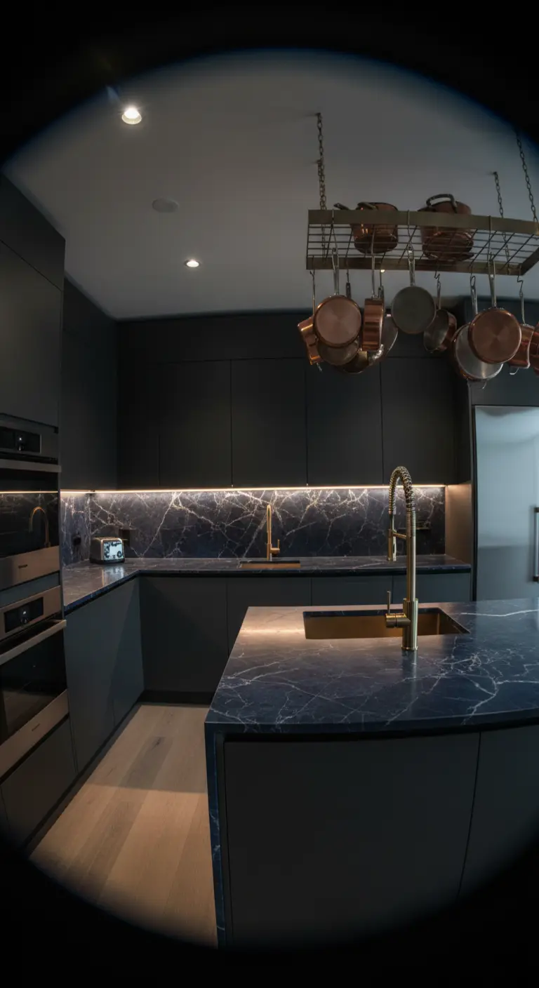 Cucina scura con top in marmo blu, illuminazione a LED sotto i pensili e pentole in rame.