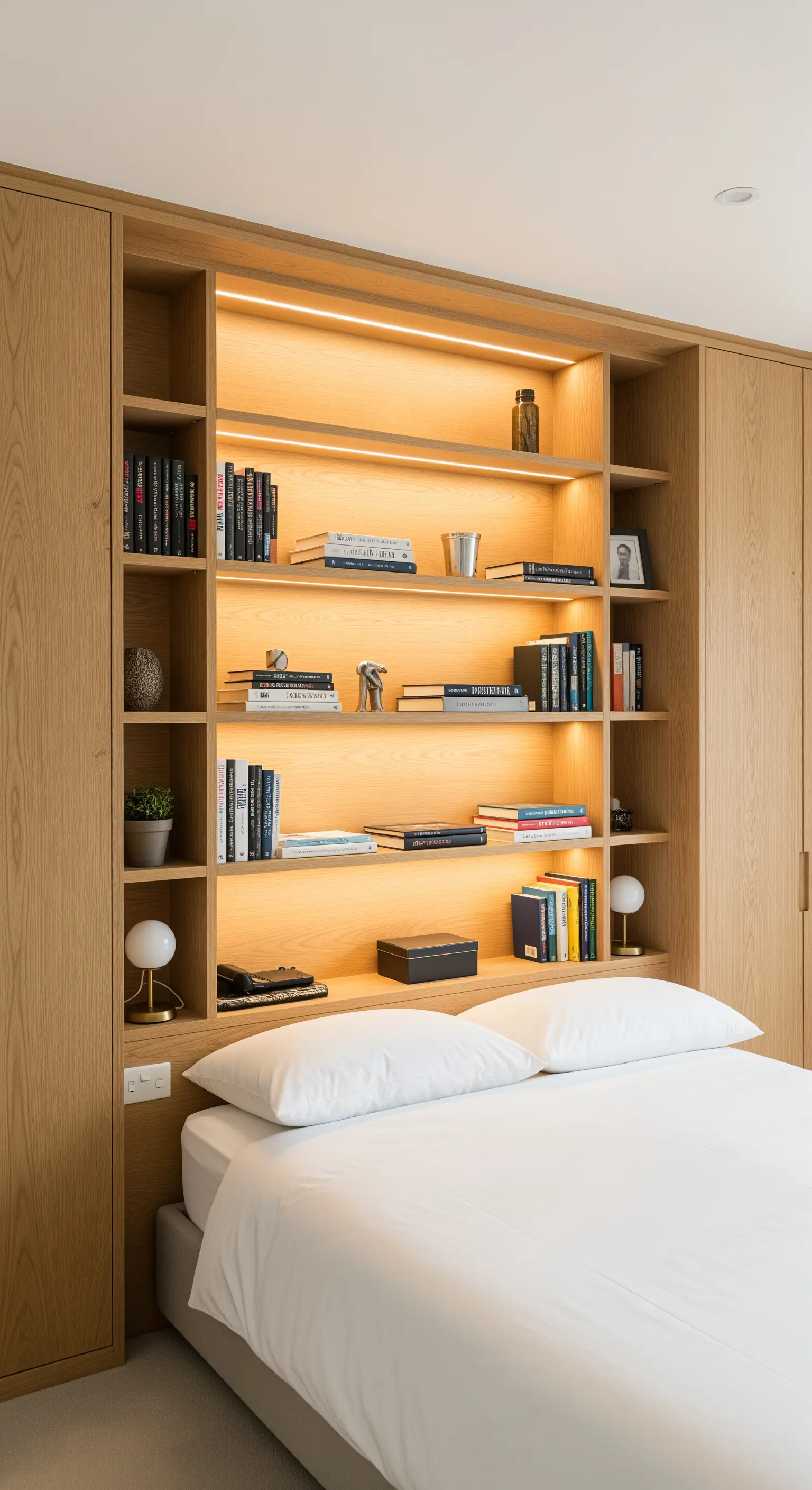 Libreria integrata dietro al letto con mensole illuminate da strisce LED.