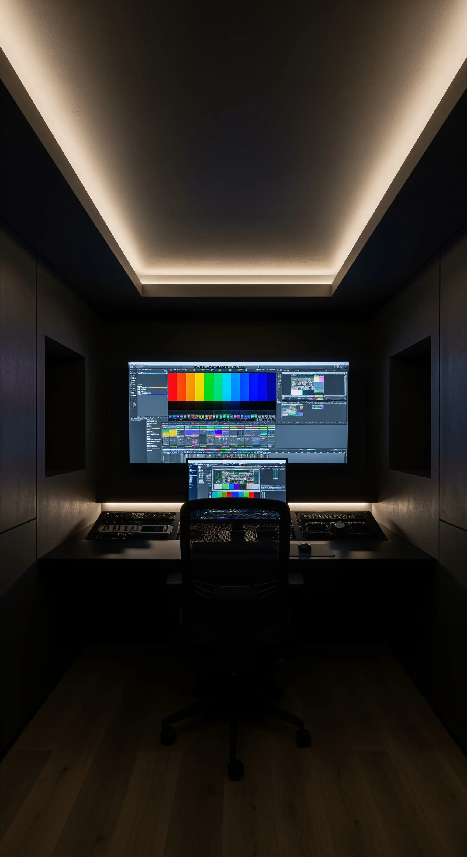 Sala di montaggio video scura con illuminazione LED a gola sul soffitto.