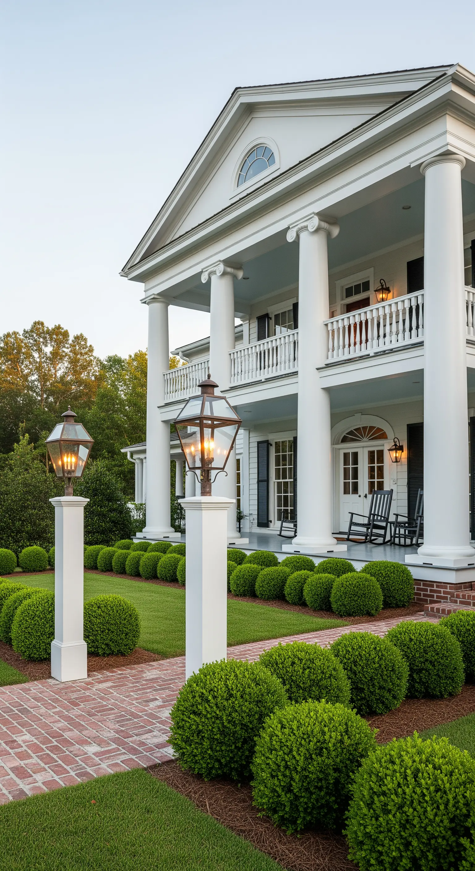 Grande portico a due piani di una villa in stile sudista con lampioni su colonne bianche.