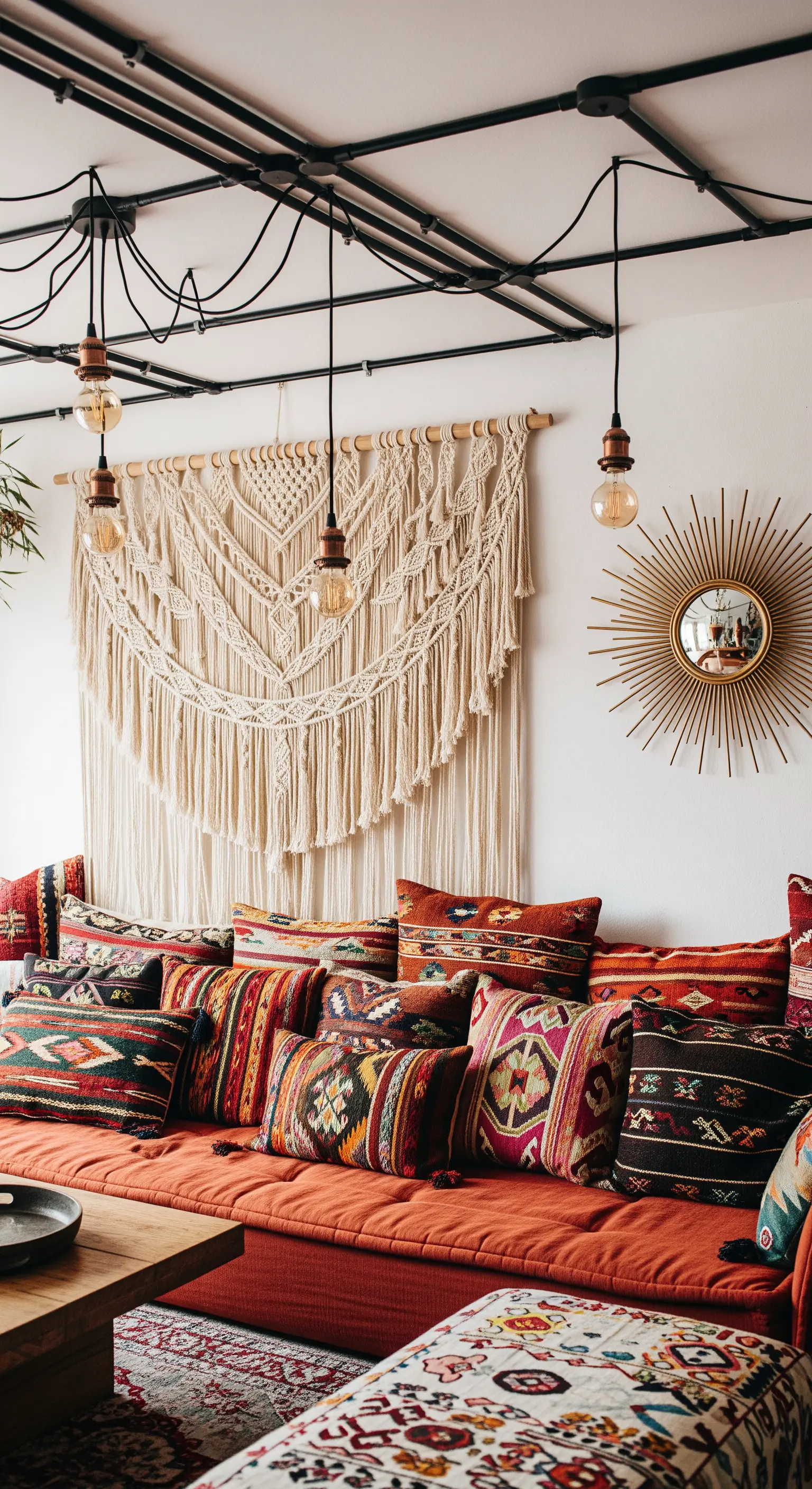 Salotto boho con divano arancione e lampade a sospensione con cavi a vista.