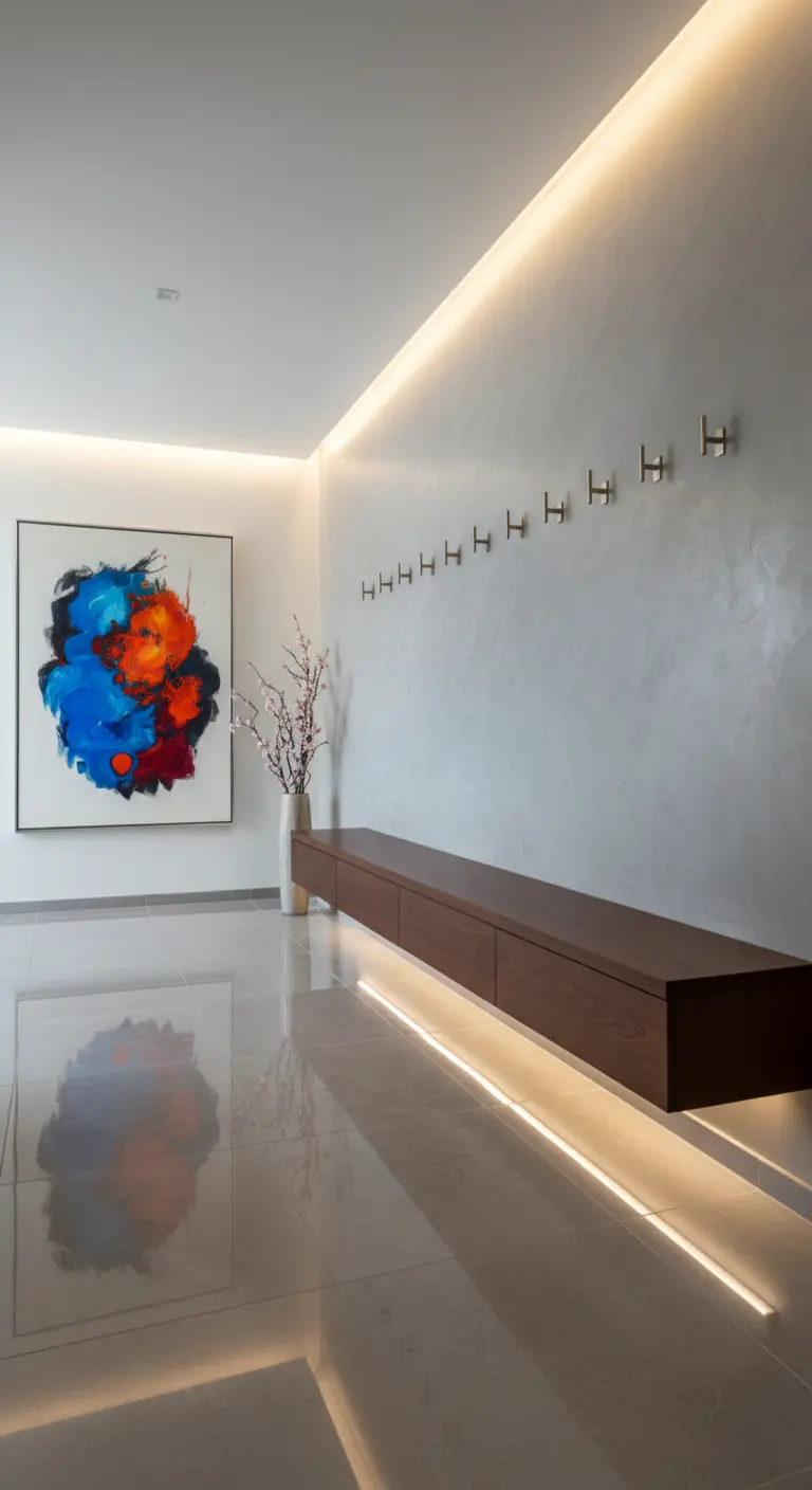 Panca sospesa in legno scuro illuminata da strisce LED.