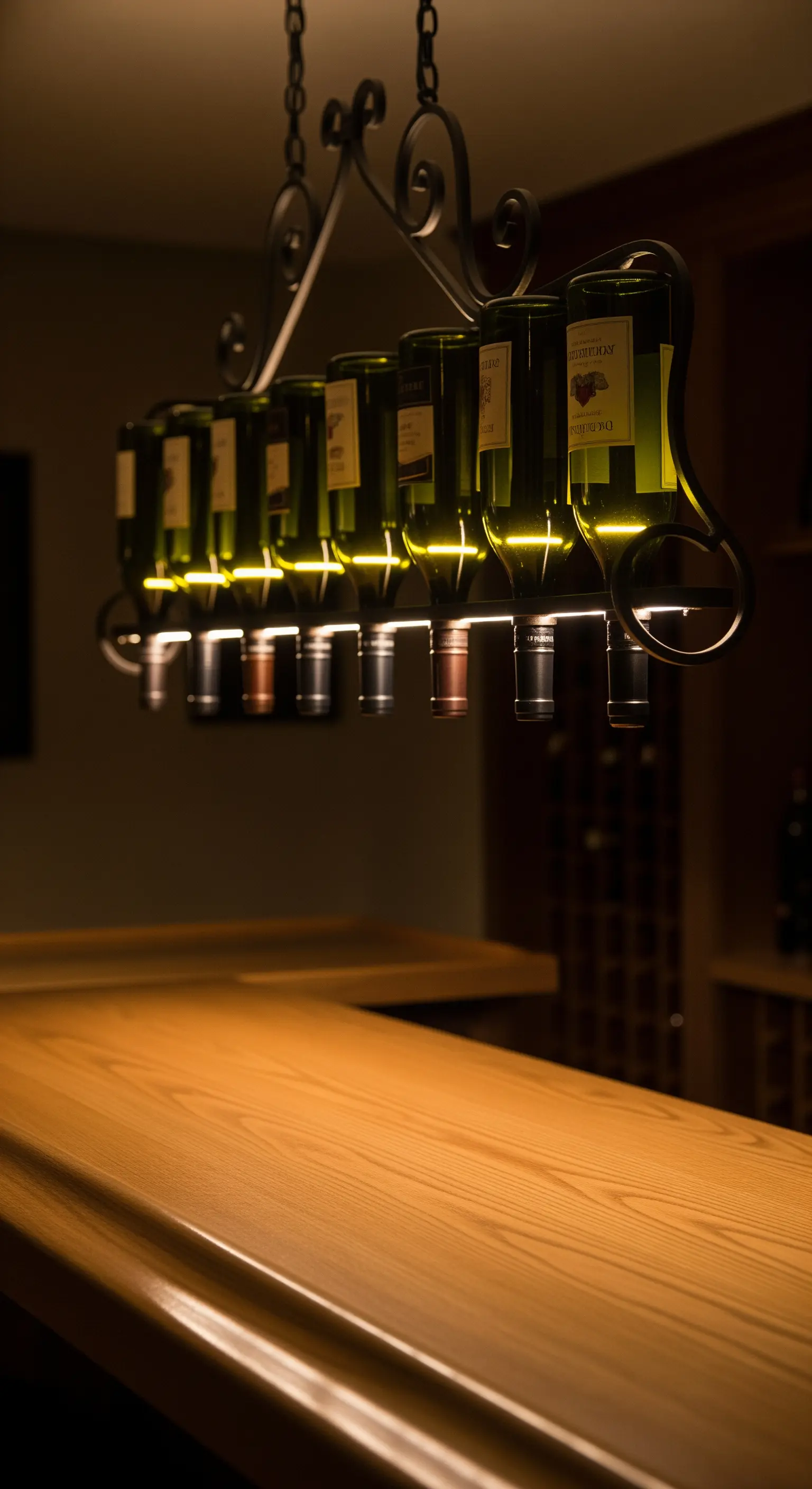 Fila di bottiglie di vino verdi montate a testa in giù per illuminare un bancone da bar.