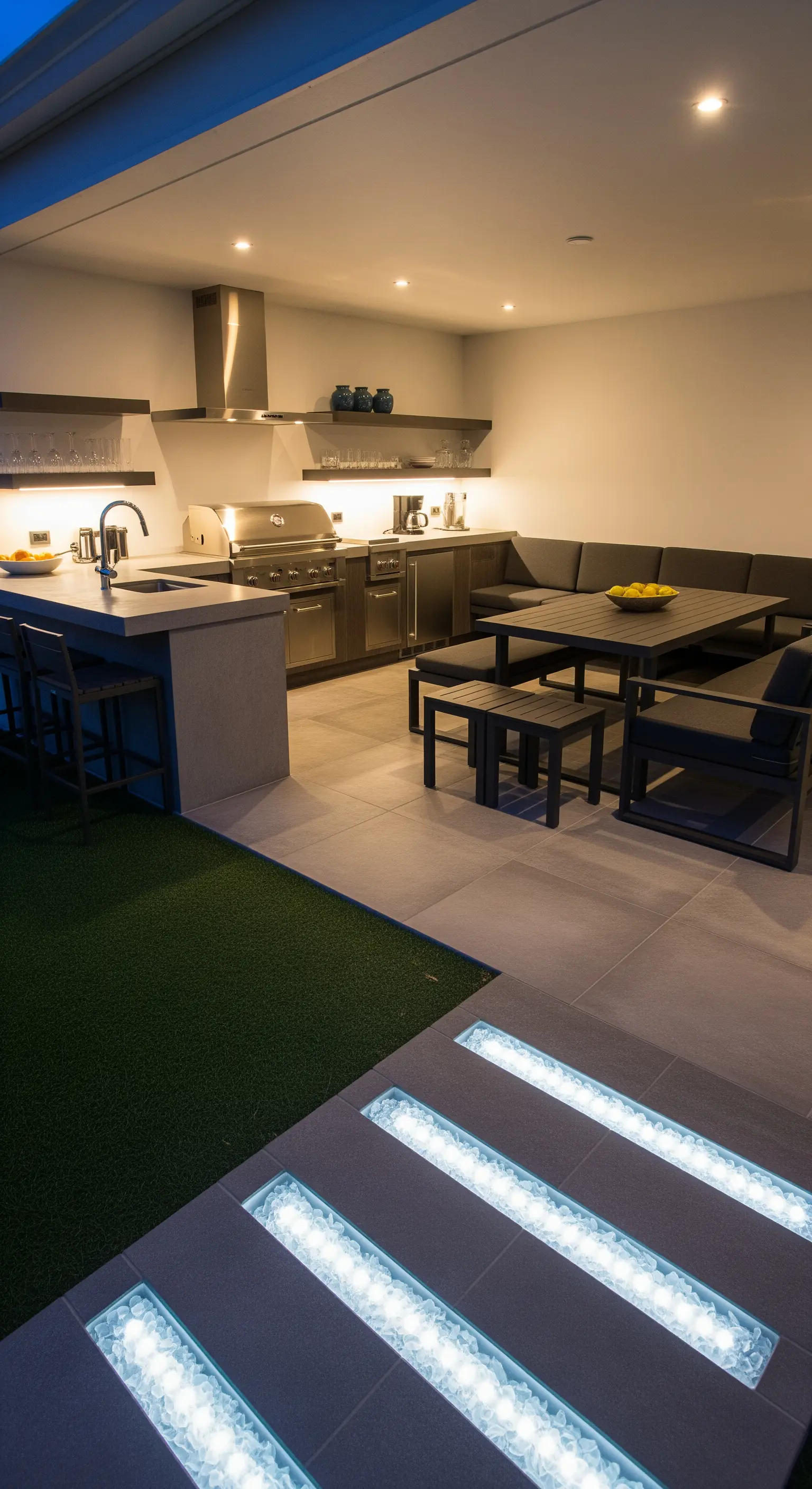 Cucina esterna moderna con moduli luminosi a LED rettangolari incassati nel pavimento in gres.