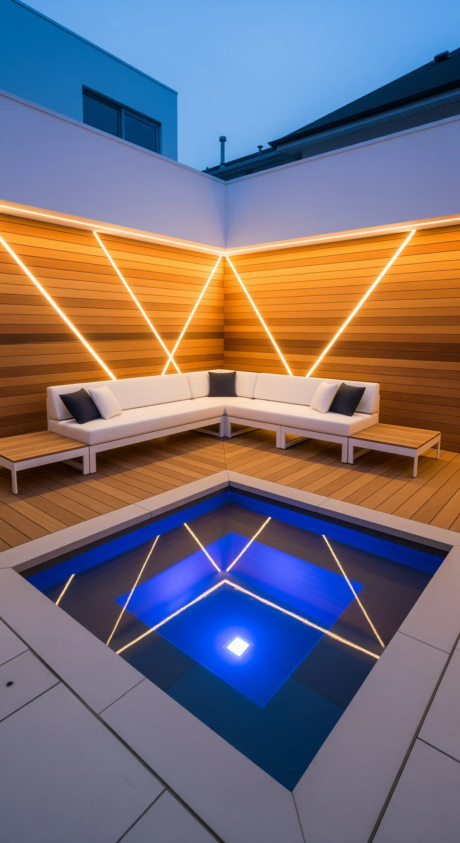 Installazione di luci LED geometriche su una parete in legno, sopra un divano bianco minimalista.