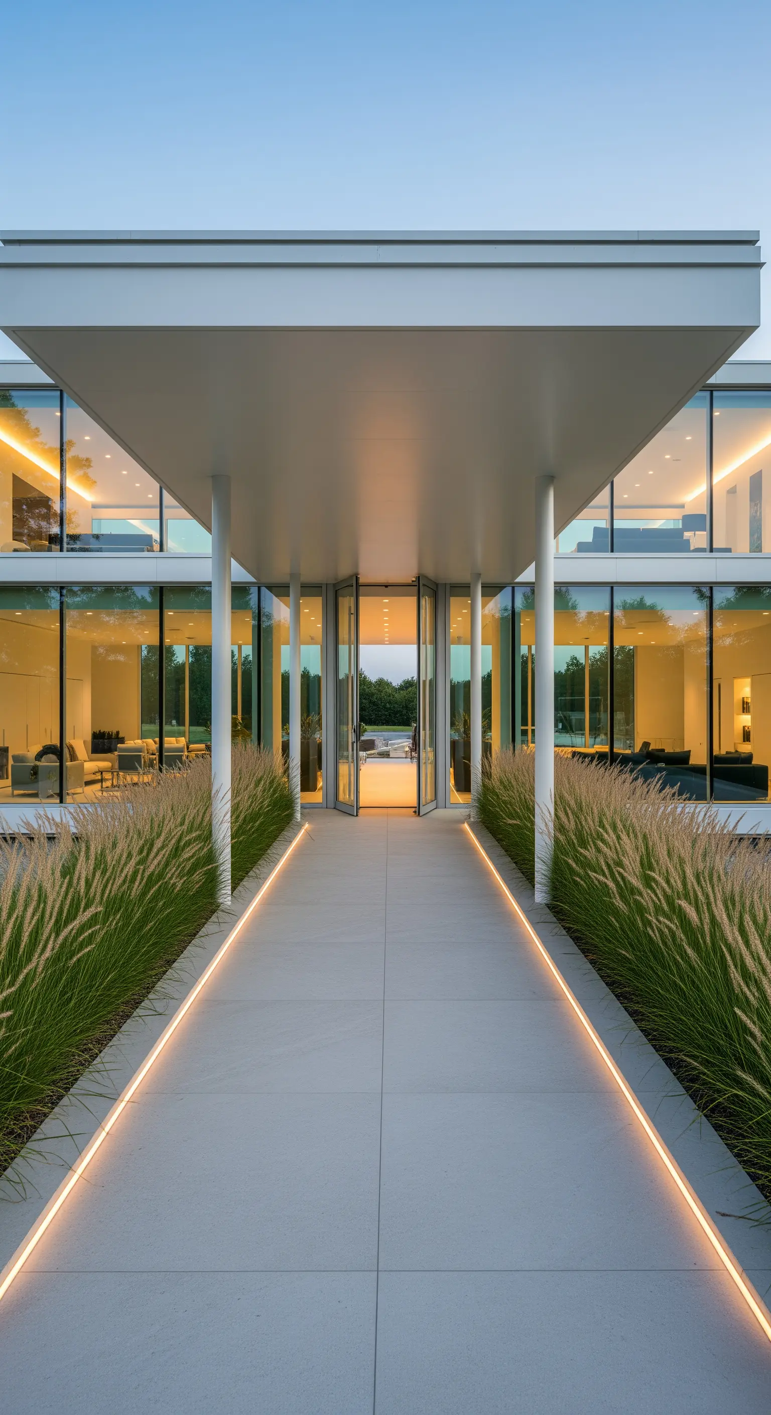 Ingresso di una villa moderna con colonne sottili e strisce LED incassate nel pavimento.