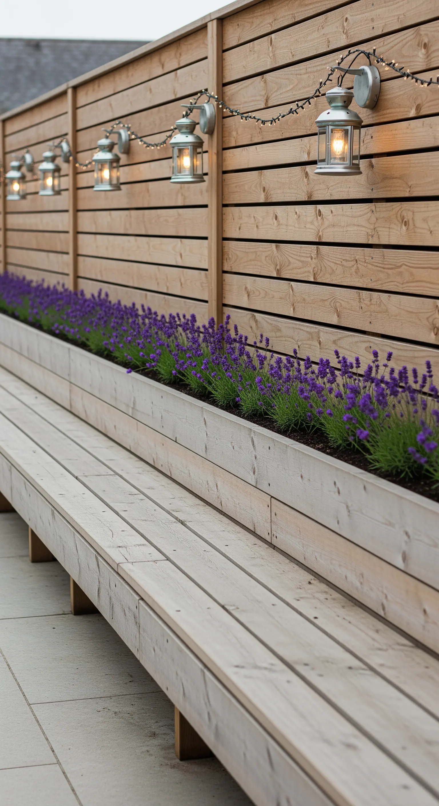 Lunga panca in legno con fioriera di lavanda, illuminata da applique e lucine sulla staccionata.