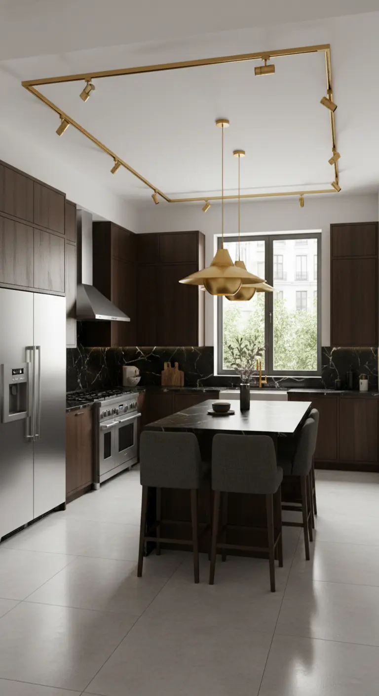 Cucina con mobili scuri, binario di faretti dorati sul soffitto e lampada a sospensione sull'isola.