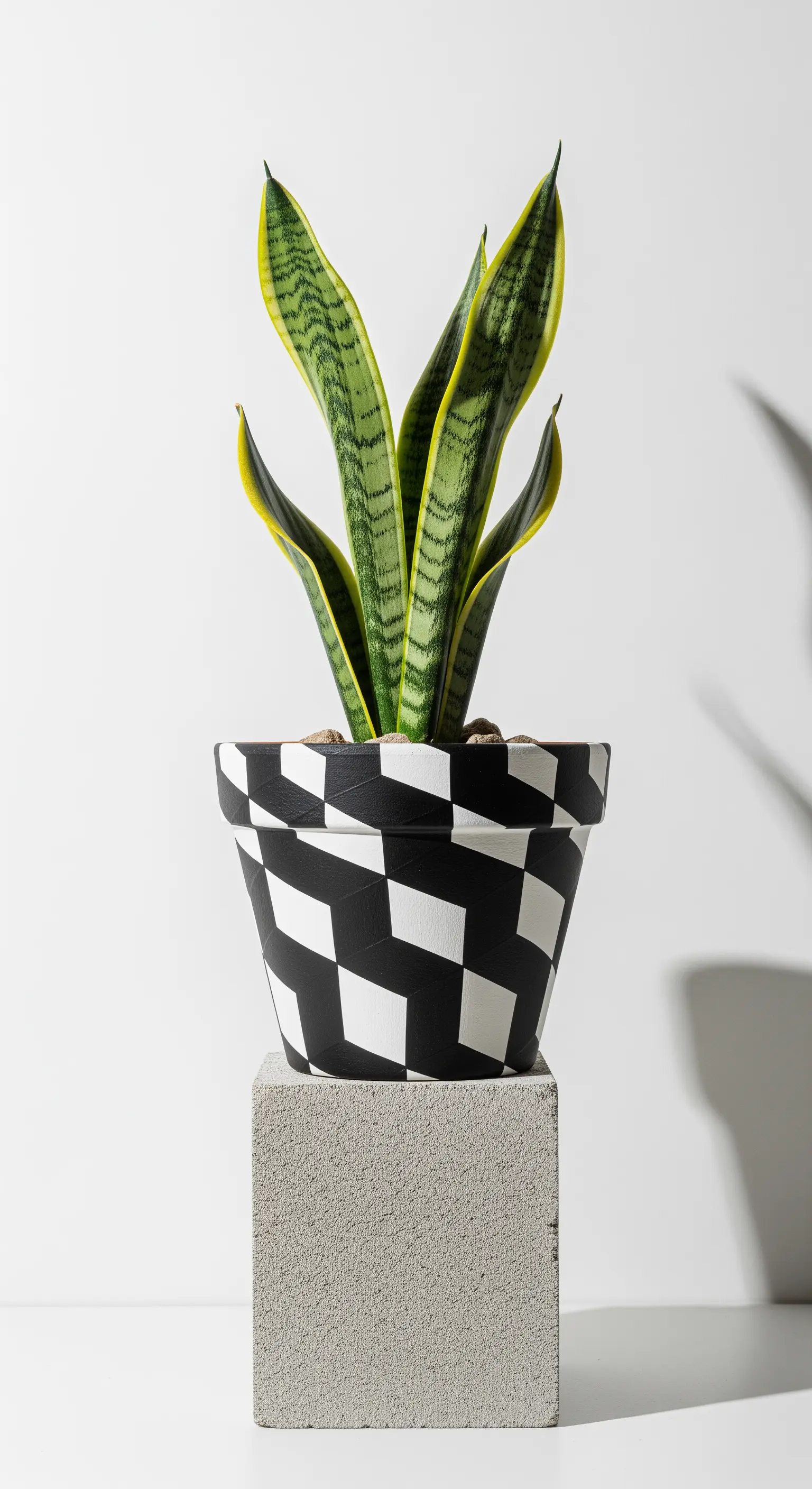 Vaso di terracotta con un motivo a scacchiera optical in bianco e nero, con una pianta di sansevieria.