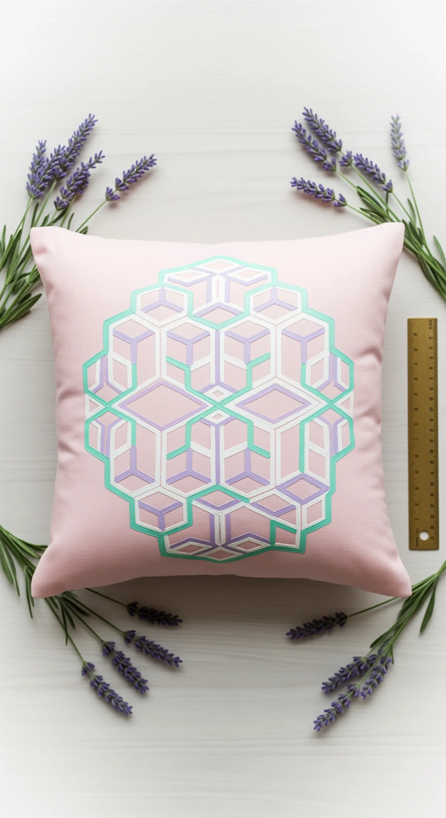 Cuscino rosa con un complesso disegno geometrico tridimensionale in lilla e menta.