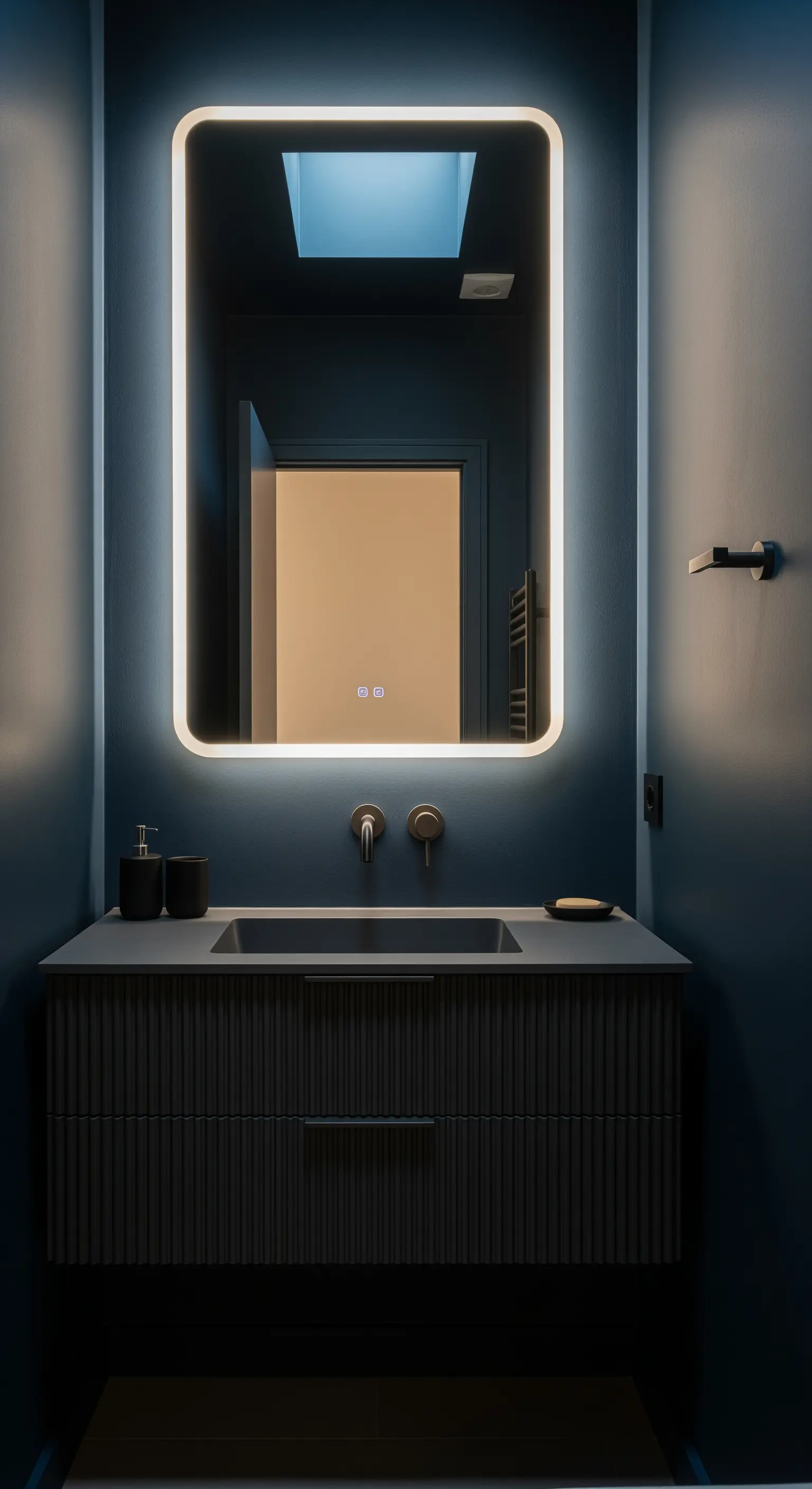 Bagno scuro con mobile sospeso cannettato e grande specchio illuminato a LED.