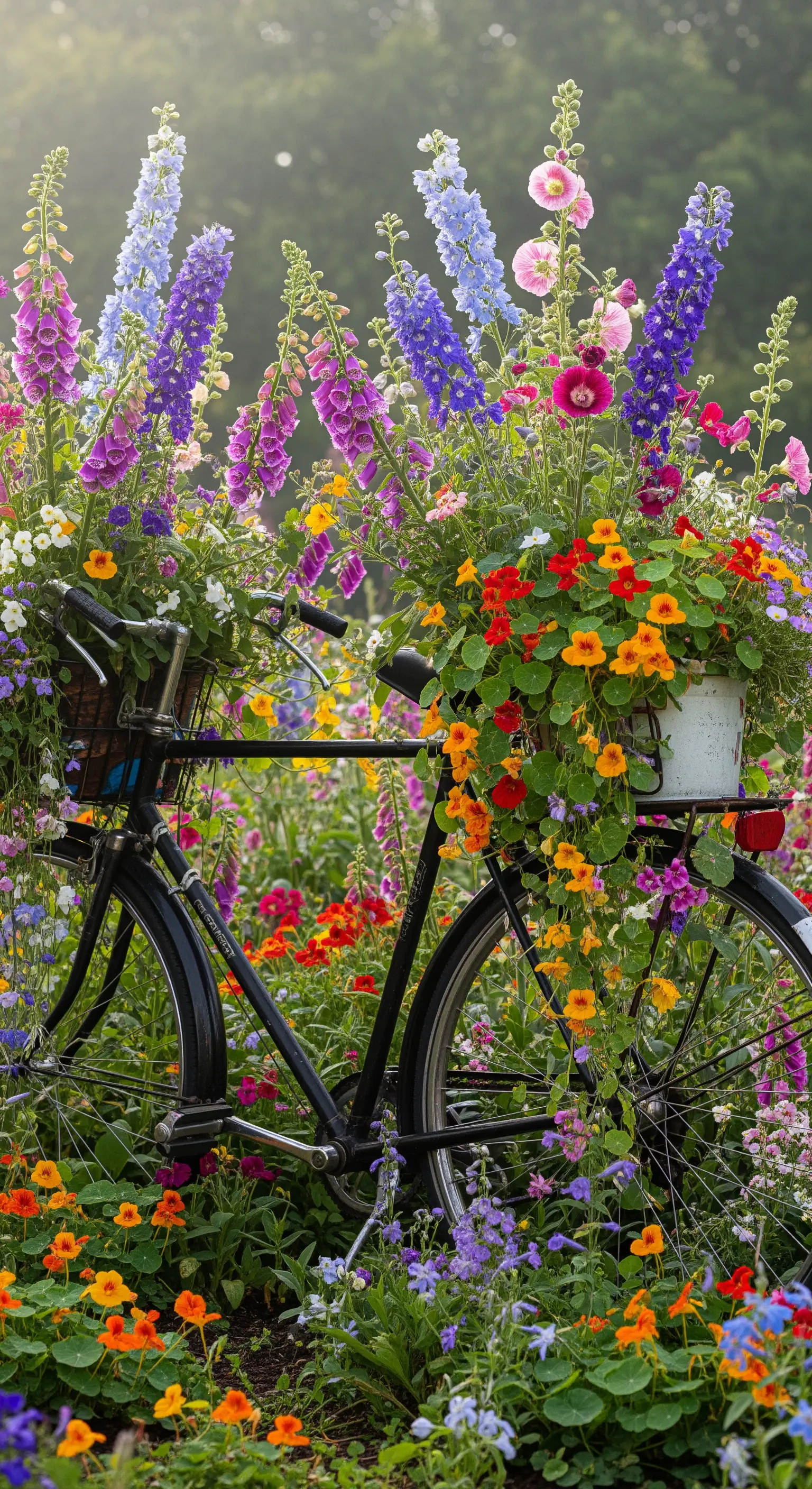 Bicicletta nera quasi nascosta in un'aiuola rigogliosa e coloratissima di fiori di campo.
