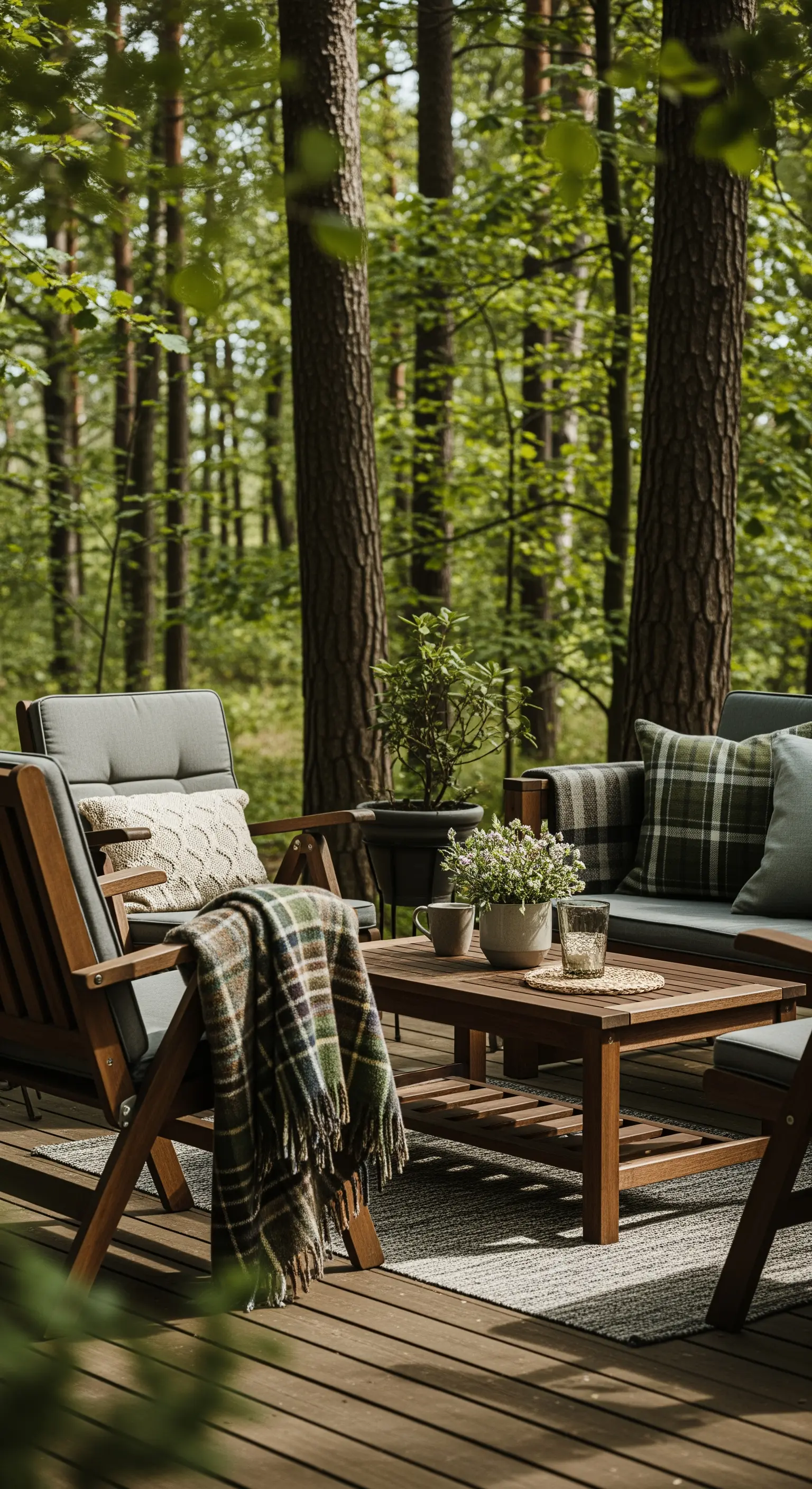 Salotto da esterno in legno scuro su una terrazza nel bosco, con plaid tartan.