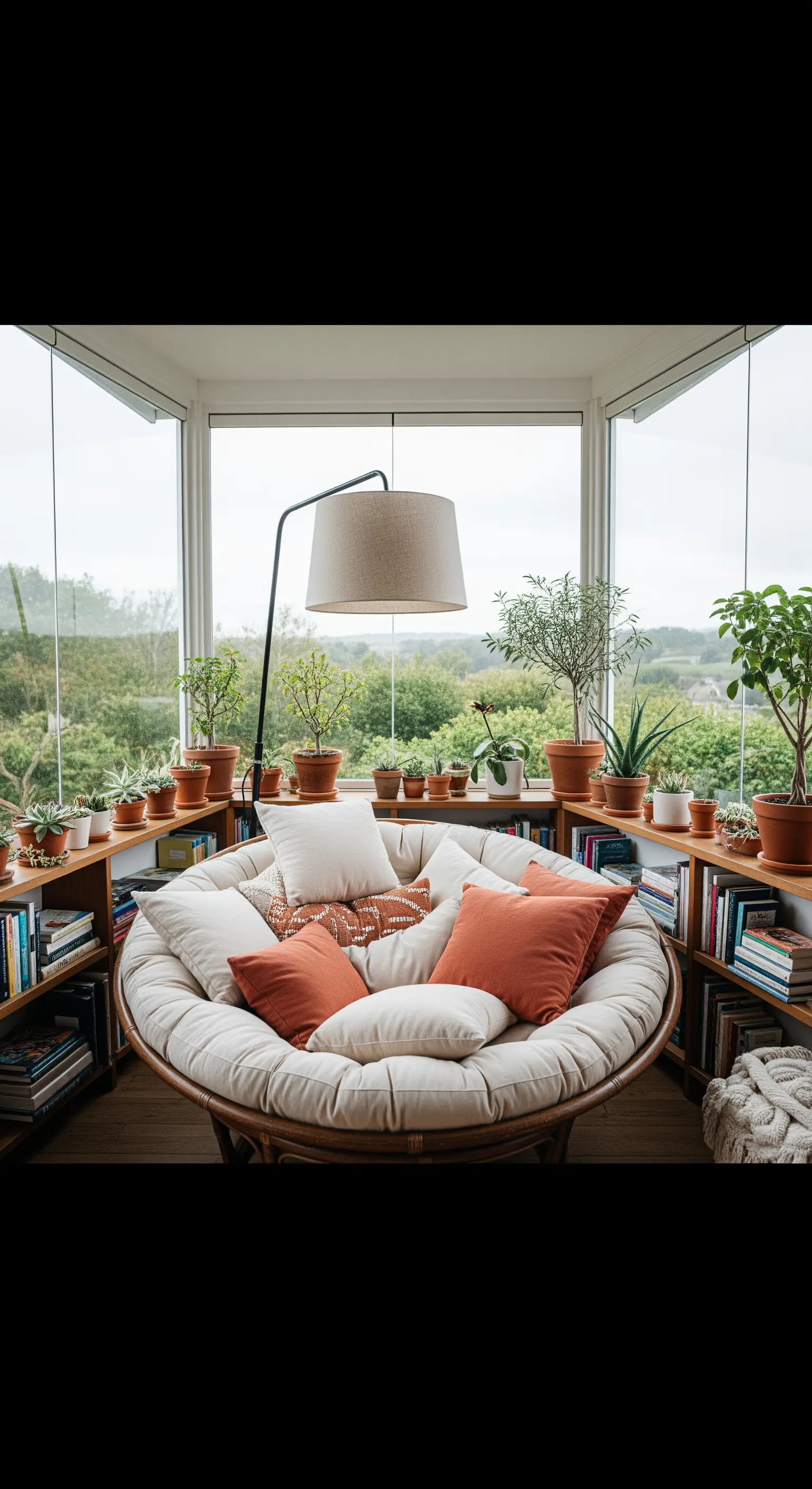 Grande poltrona rotonda Papasan in una veranda vetrata con vista sul verde.